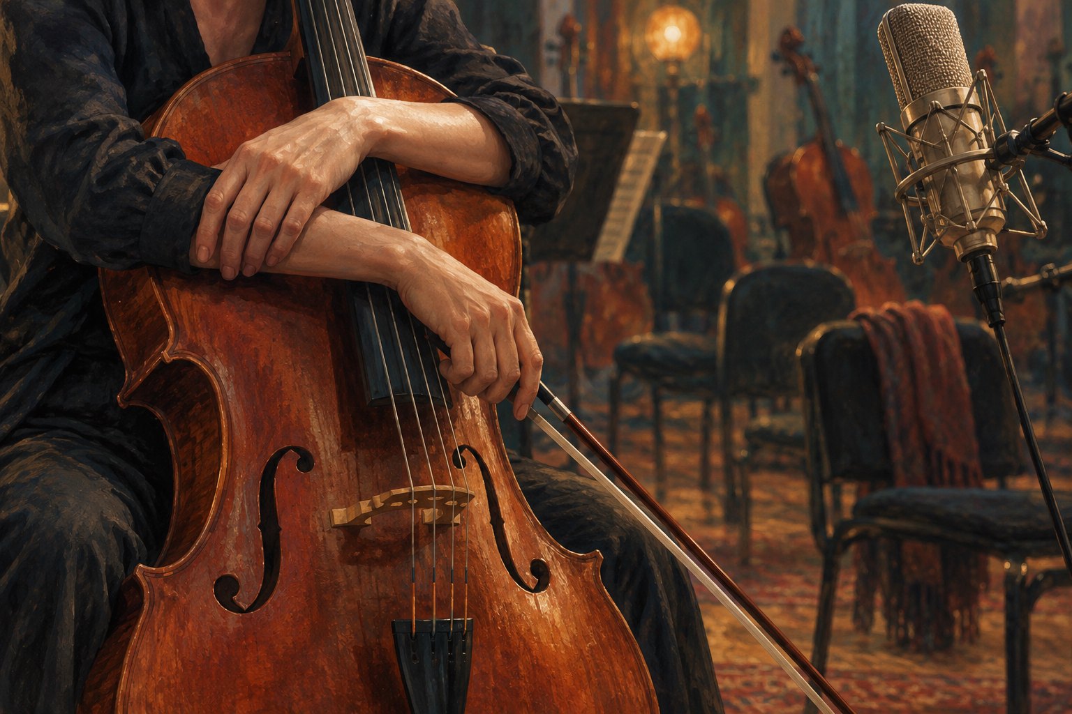 Conceptual illustration of a cellist resting their hands and bow against a cello beside a studio microphone.