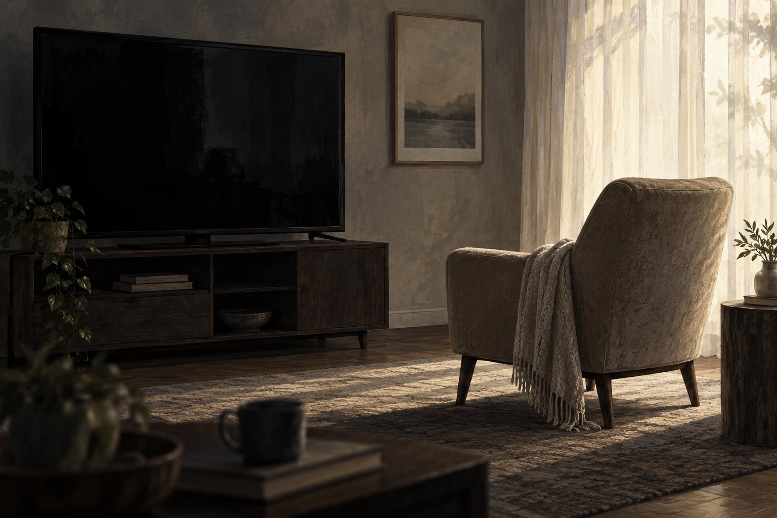 Conceptual illustration of an empty armchair beside a dark television in a softly lit living room.