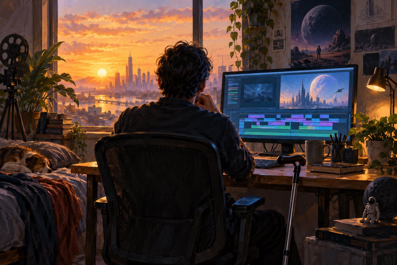 Painterly illustration of an editor working at a computer at sunrise, with a walking cane beside the desk.
