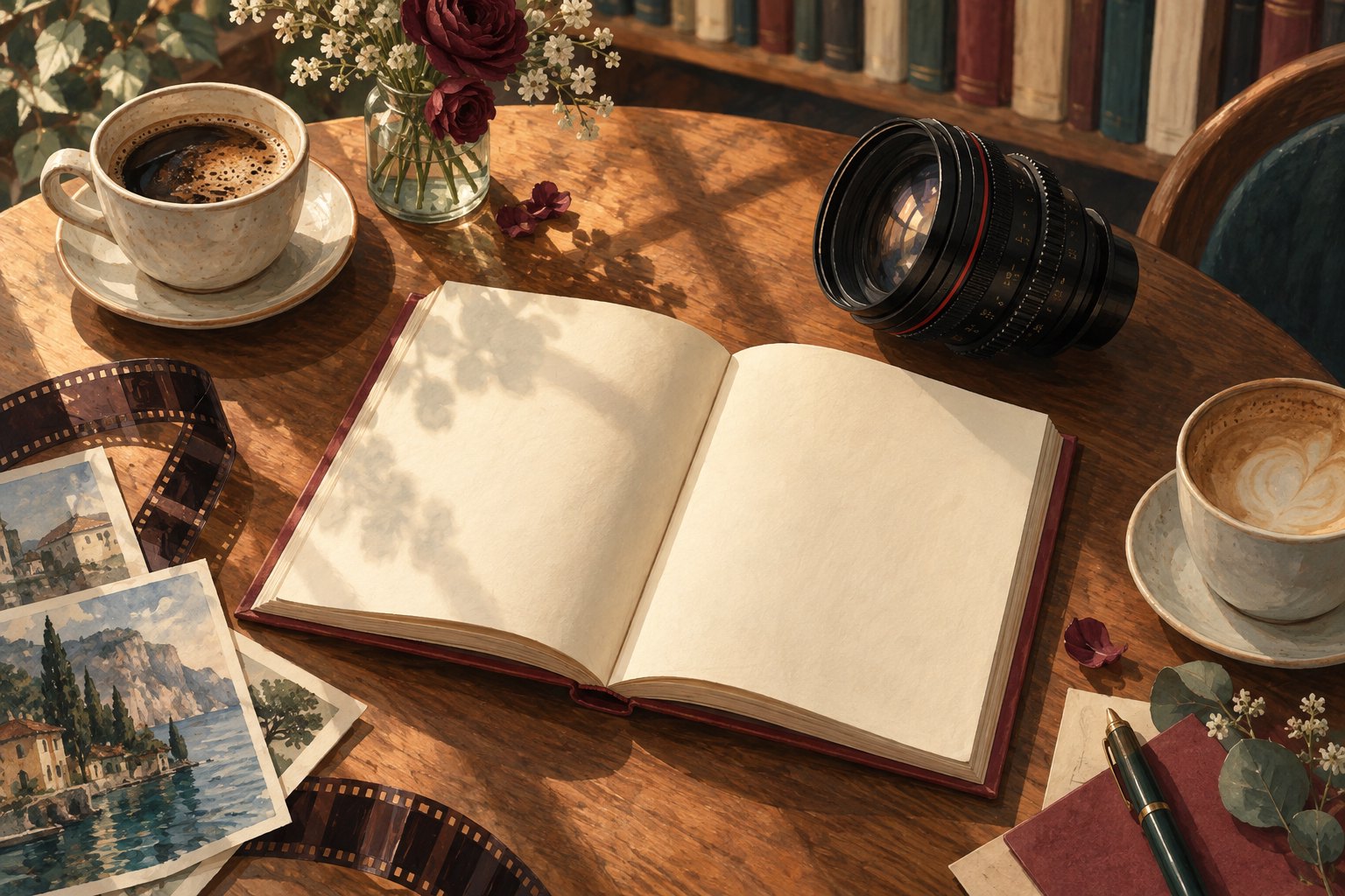 Conceptual illustration of an open blank book, a cinema lens, and two coffee cups on a sunlit cafe table.