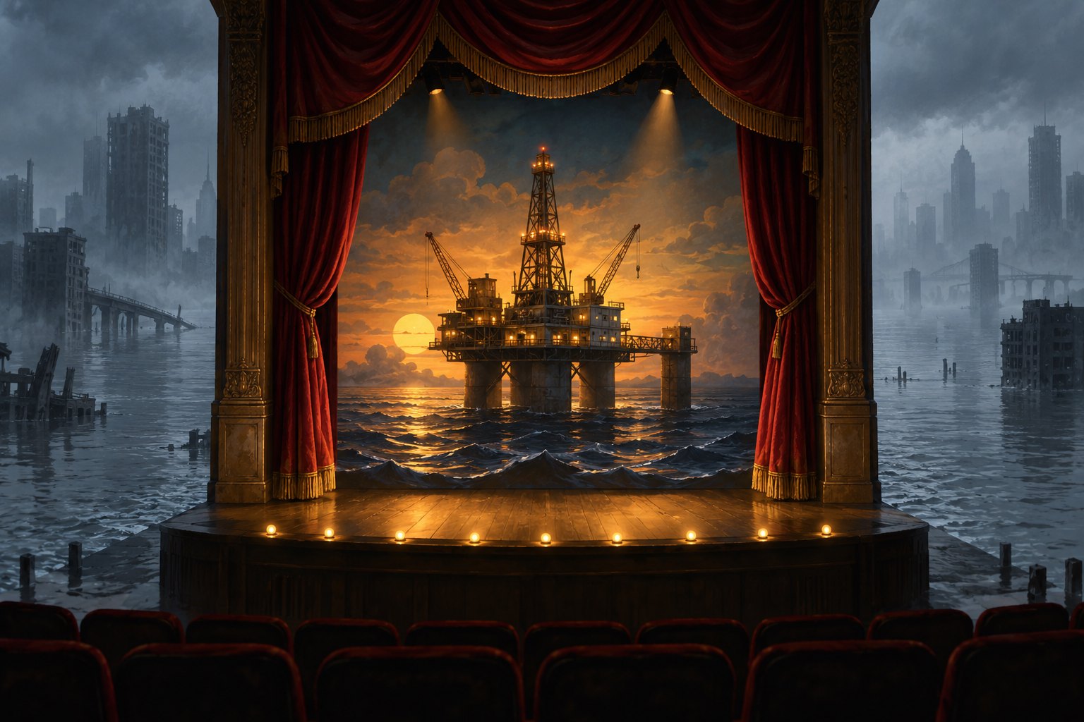 Conceptual illustration of red theater curtains framing an offshore oil rig, surrounded by a flooded gray city.