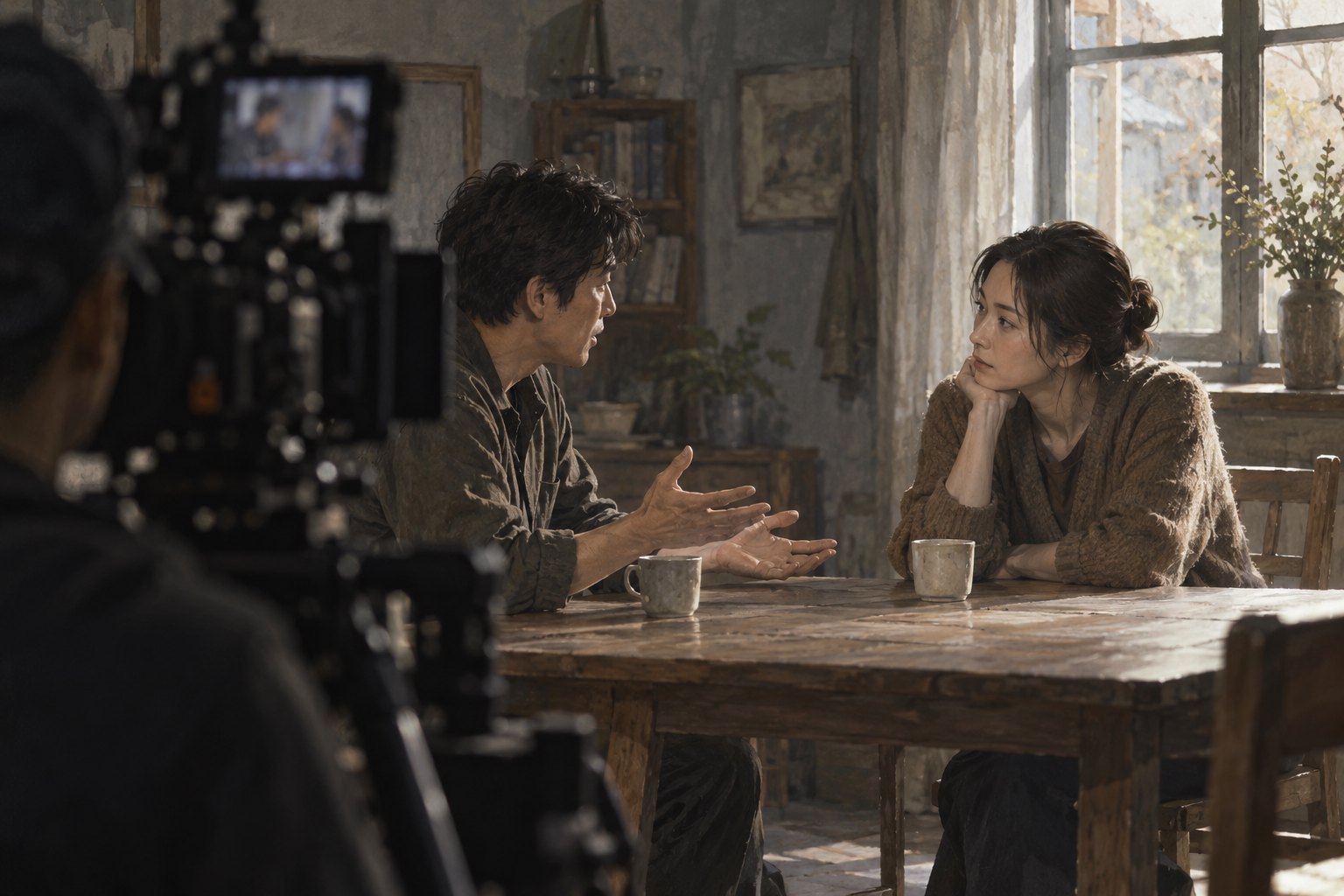 表演观察概念插画:摄影机旁,两位虚构演员在桌边交谈,一人解释,一人倾听