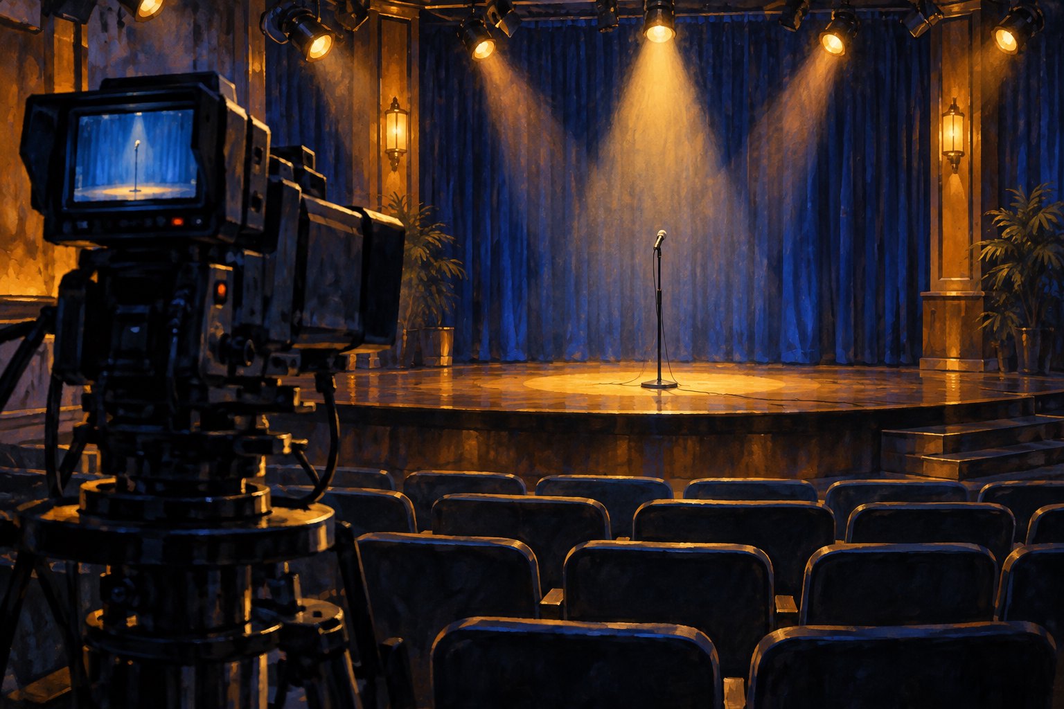 Painterly illustration of an empty television comedy stage with a microphone, blue curtains, and a broadcast camera in the foreground.