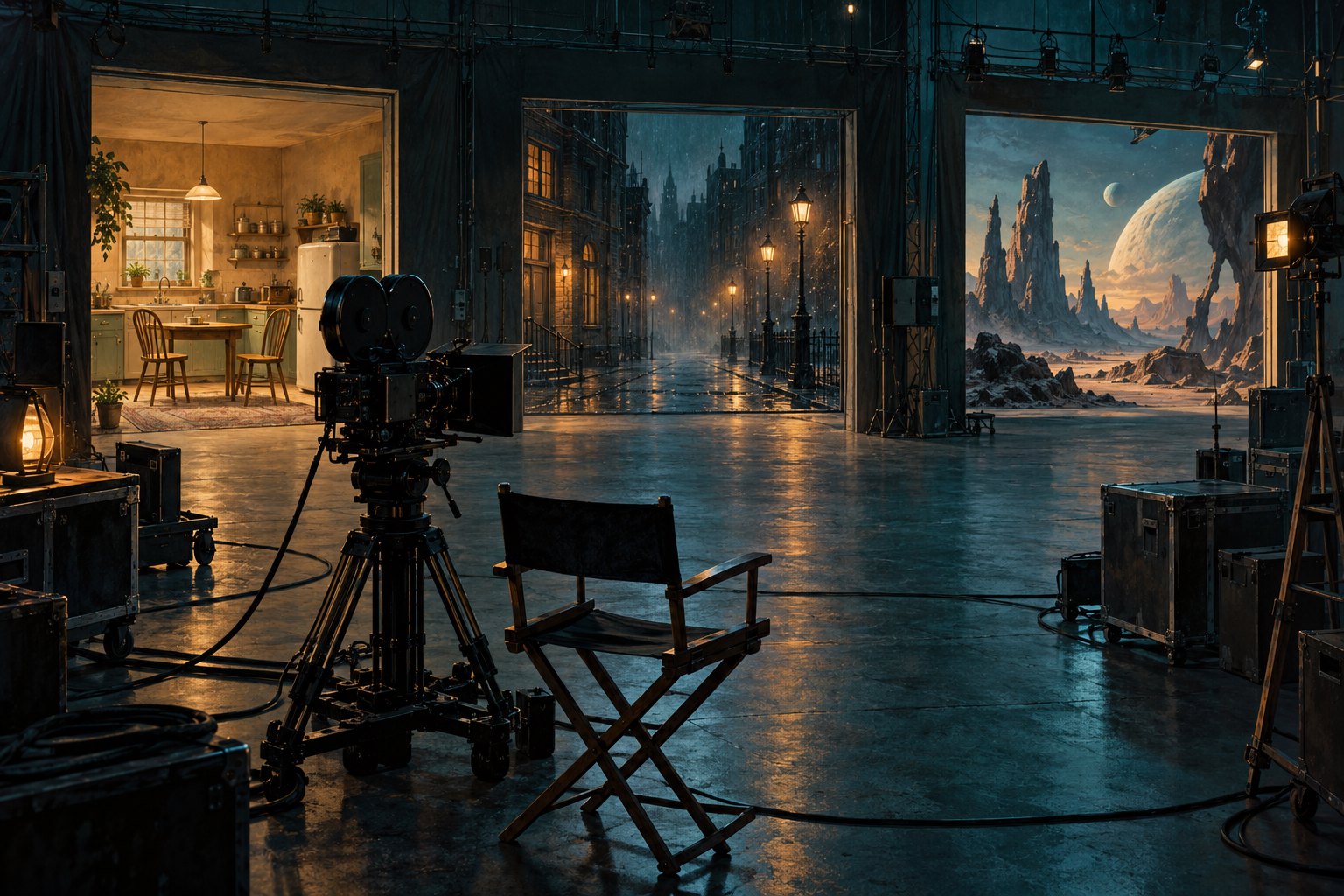 An imagined soundstage with an empty director’s chair and camera facing kitchen, rainy street, and otherworldly landscape sets.