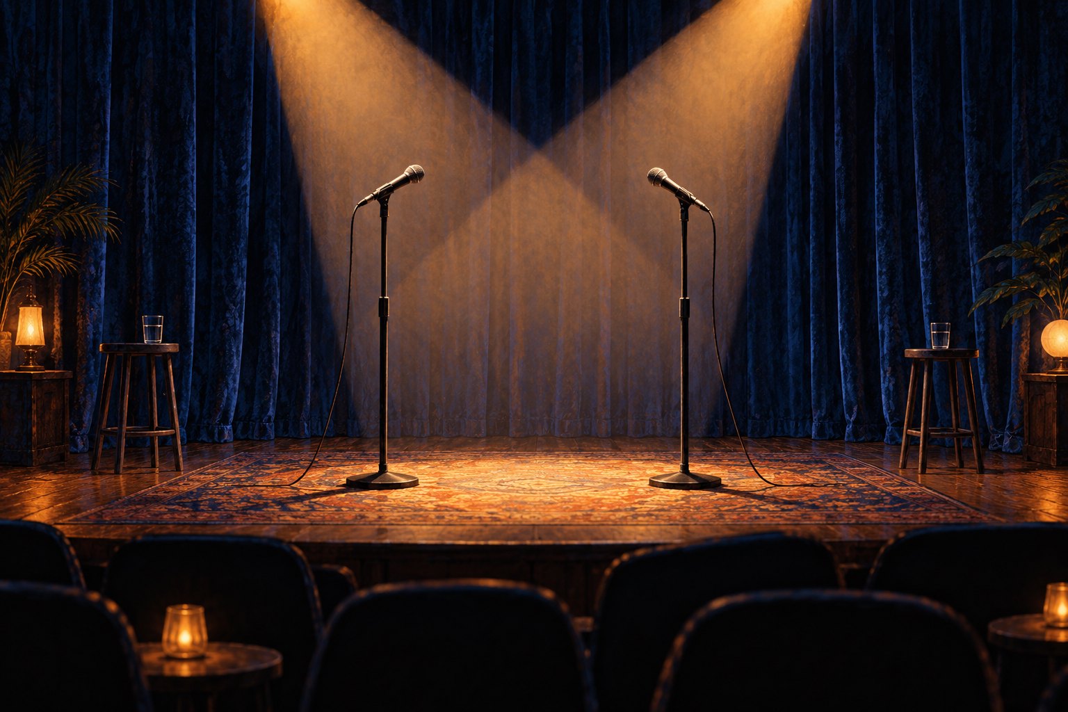Conceptual illustration of two microphones beneath overlapping golden spotlights on an empty stage framed by blue curtains.