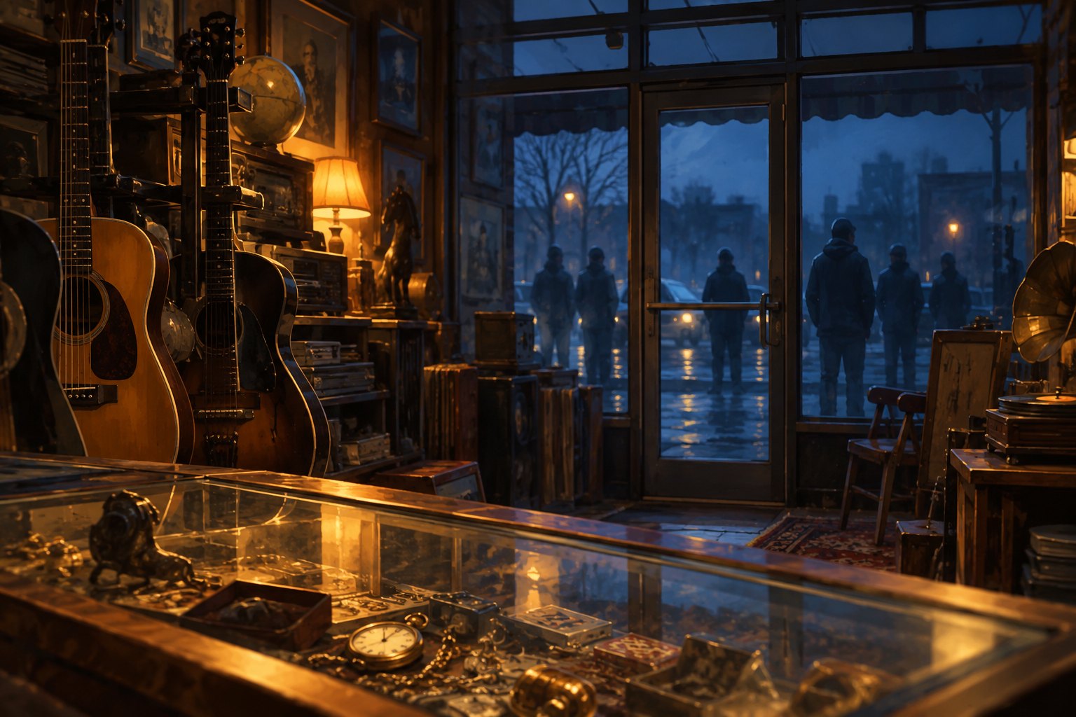 Conceptual illustration of a warmly lit secondhand shop with guitars and display cases facing silhouettes outside a blue-lit entrance.