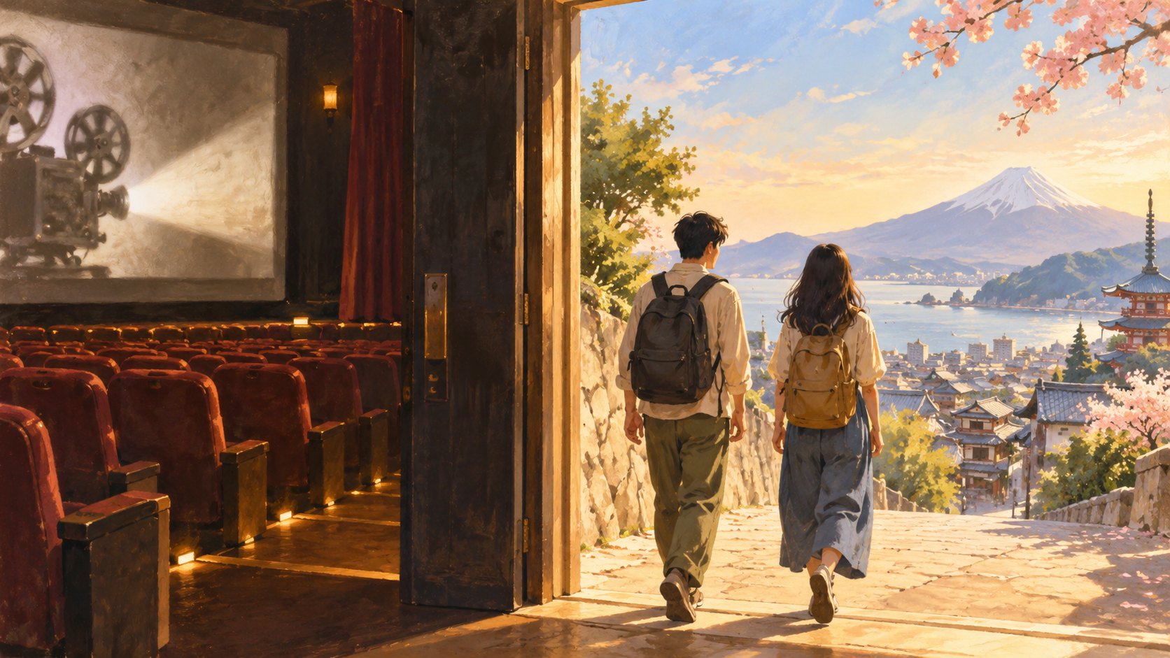 兩名背著背包的青年走向戲院門外的日本風景，象徵電影社群支持交流機會的概念插畫，非活動實景