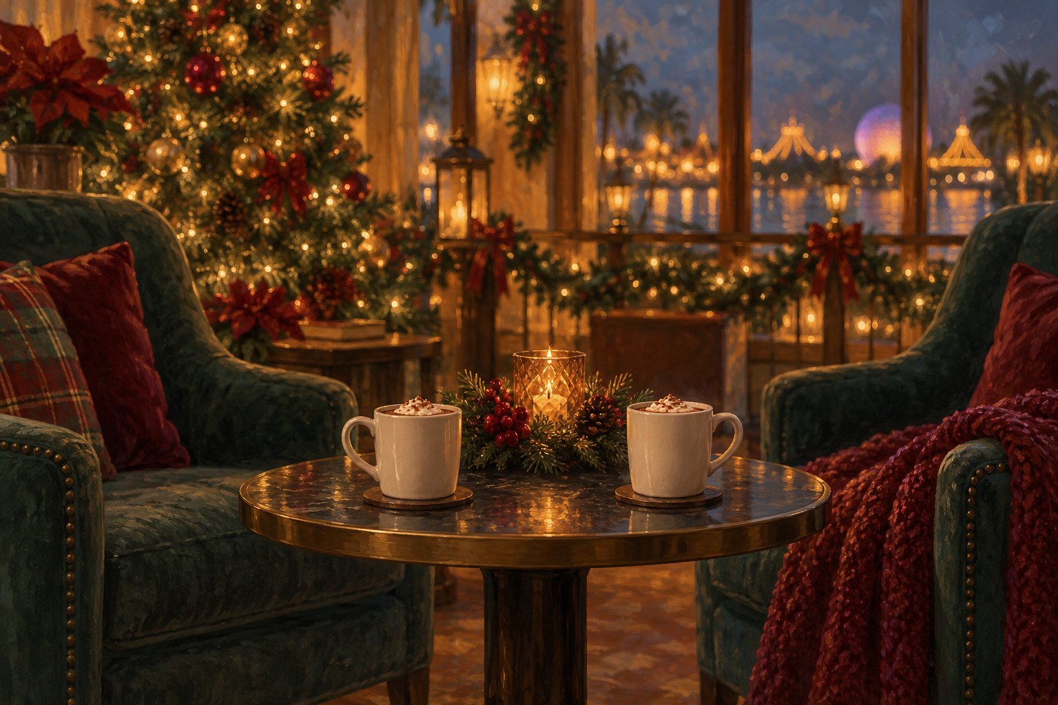 Concept illustration of two cocoa mugs between upholstered chairs in a festive lounge overlooking distant park lights.