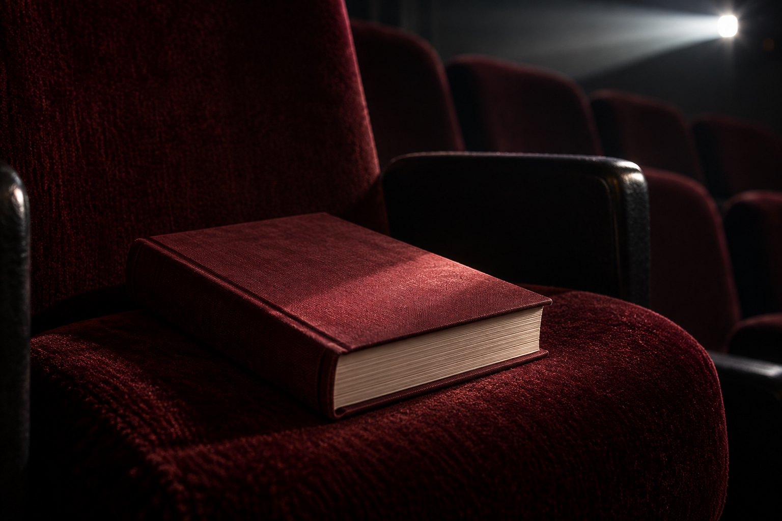 An unmarked burgundy book rests on a velvet theater seat beneath a beam of projector light.