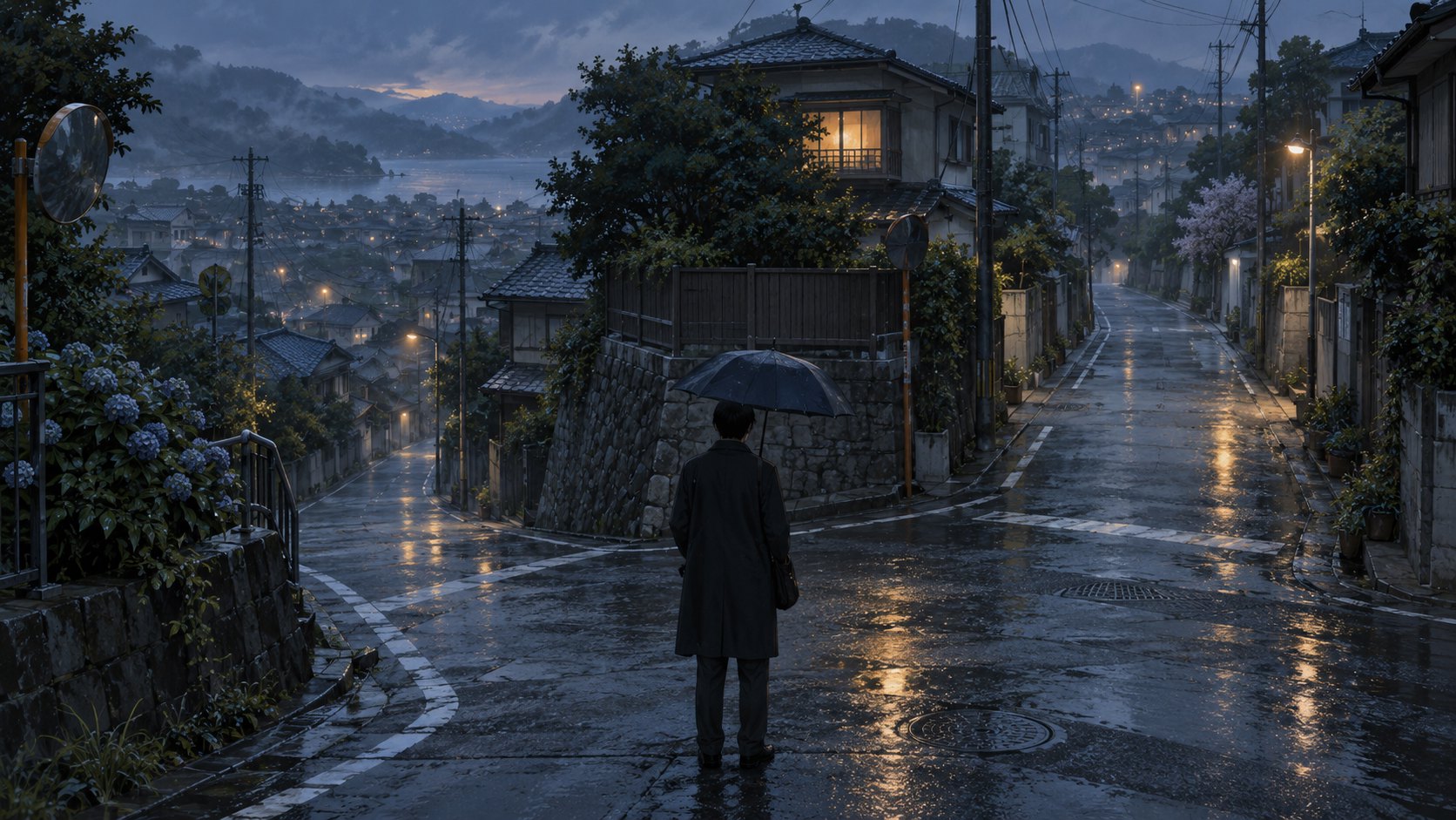 原創意象插畫:一名撐傘的人站在雨後住宅區的岔路,遠方窗光映出日常與未知