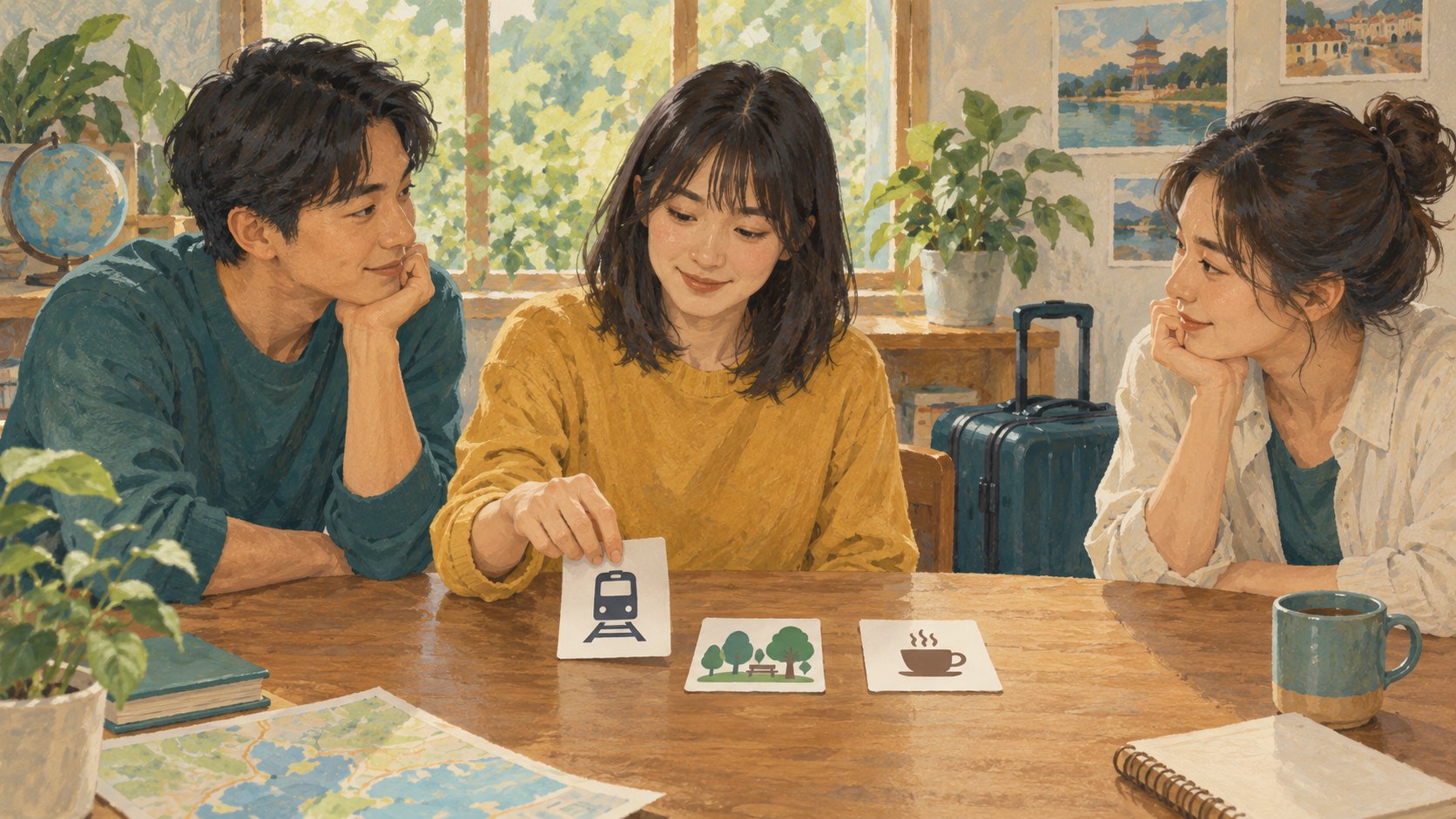 青年在桌前選擇交通與休憩圖卡,同桌夥伴聆聽其想法的交流規劃示意插畫,非活動實景