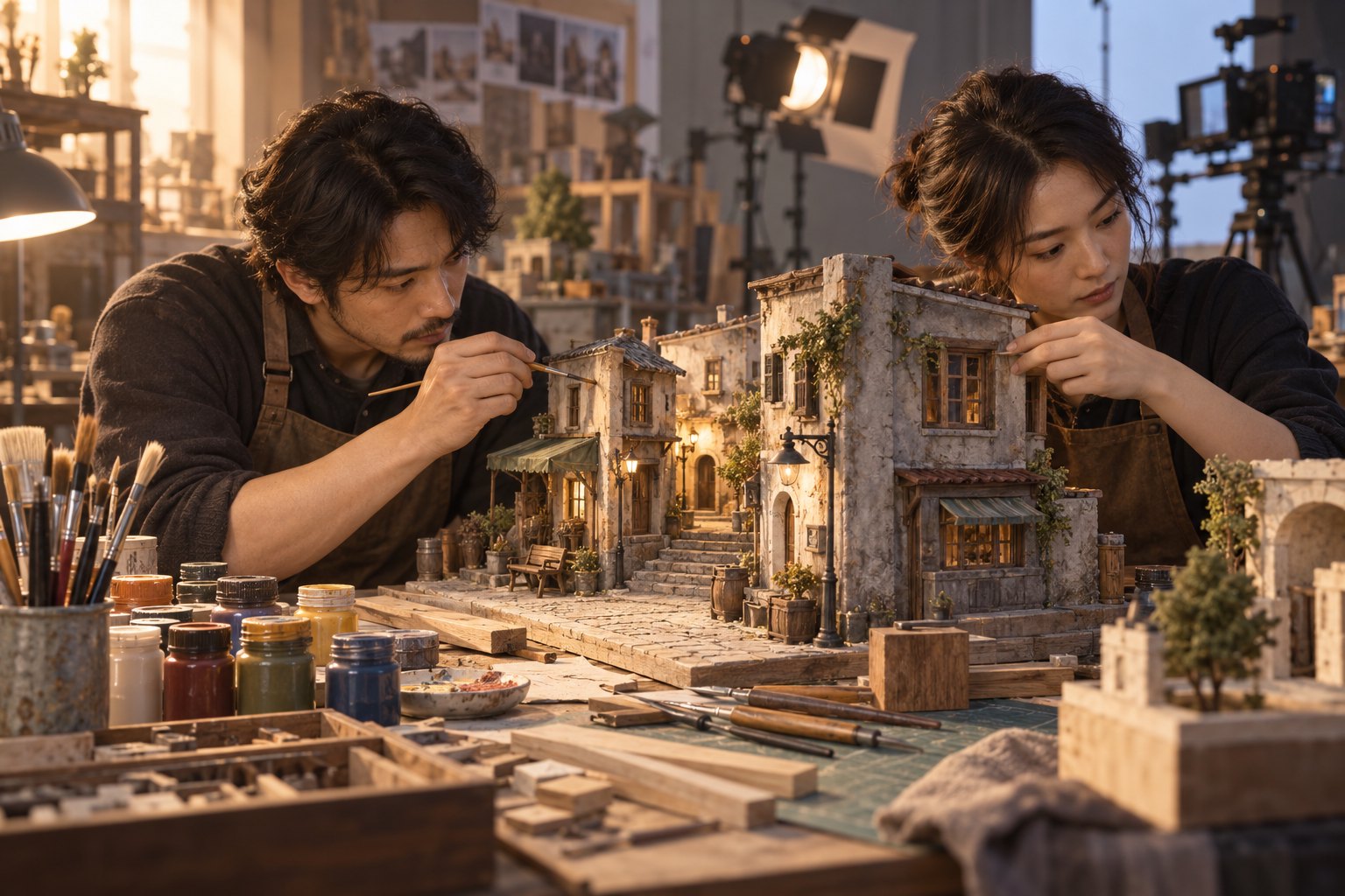 两名道具工匠在工作室里为微缩街景上色并调整建筑细节