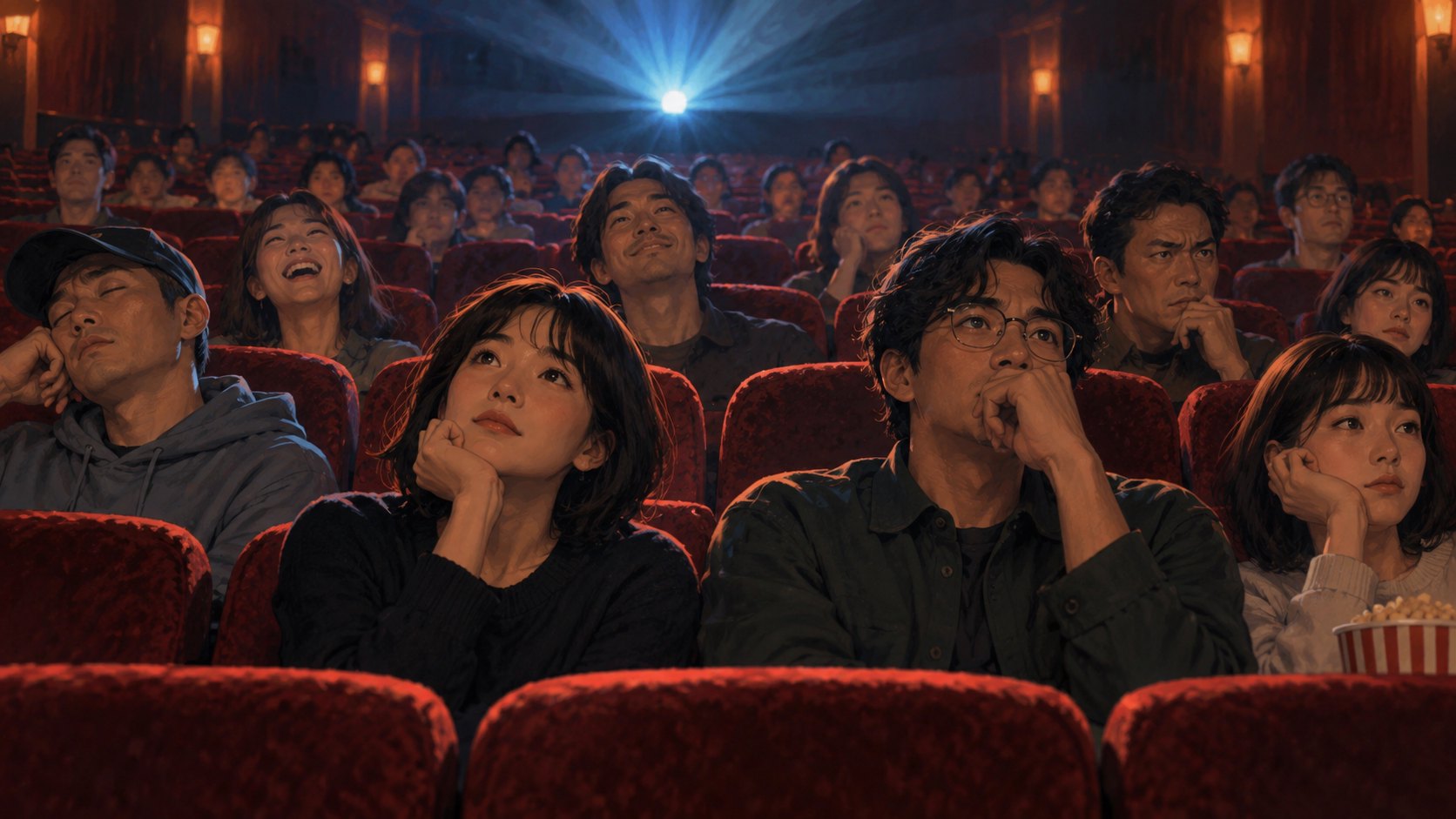 冷暖放映光下，影廳觀眾呈現投入、沉思與疏離等不同反應的概念插畫