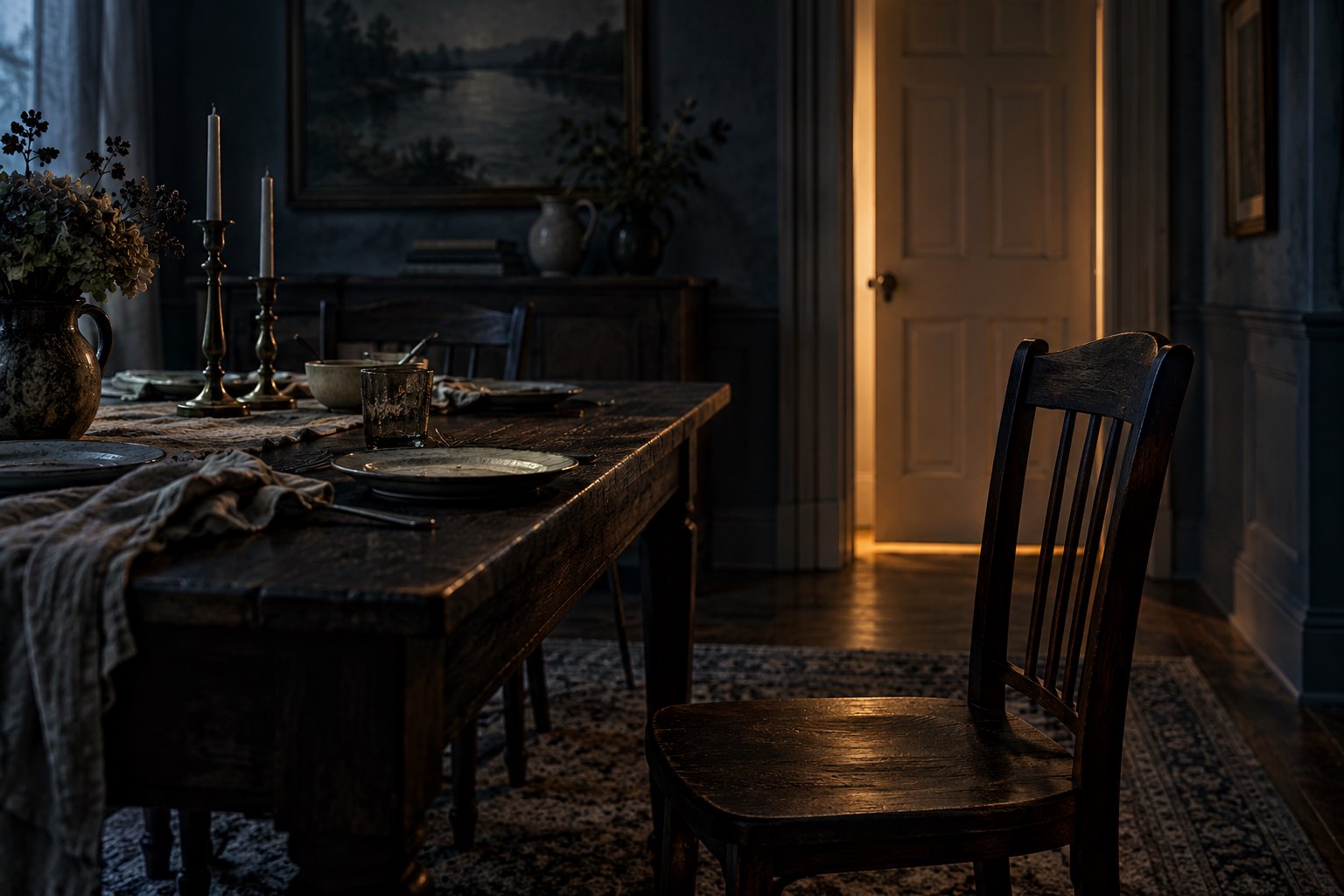 An empty wooden chair beside a shadowy dining table, with warm light outlining a closed door.