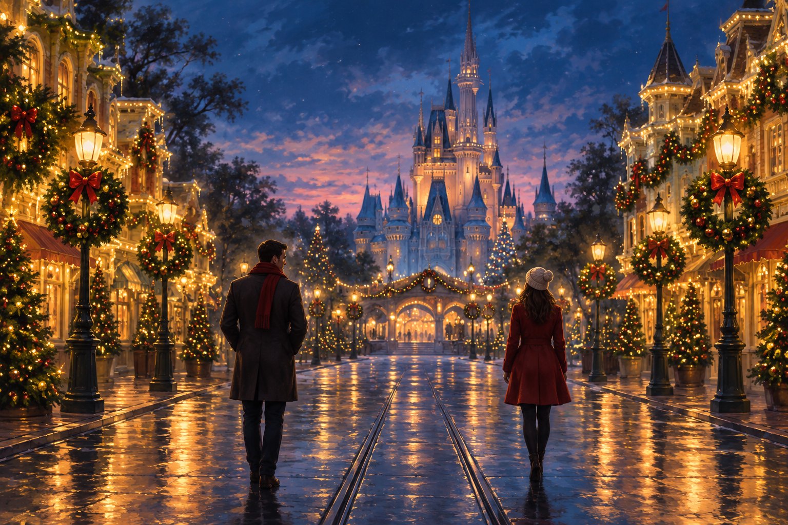 Concept illustration of two adults standing apart on a holiday-lit theme park avenue beneath a distant fairy-tale castle.