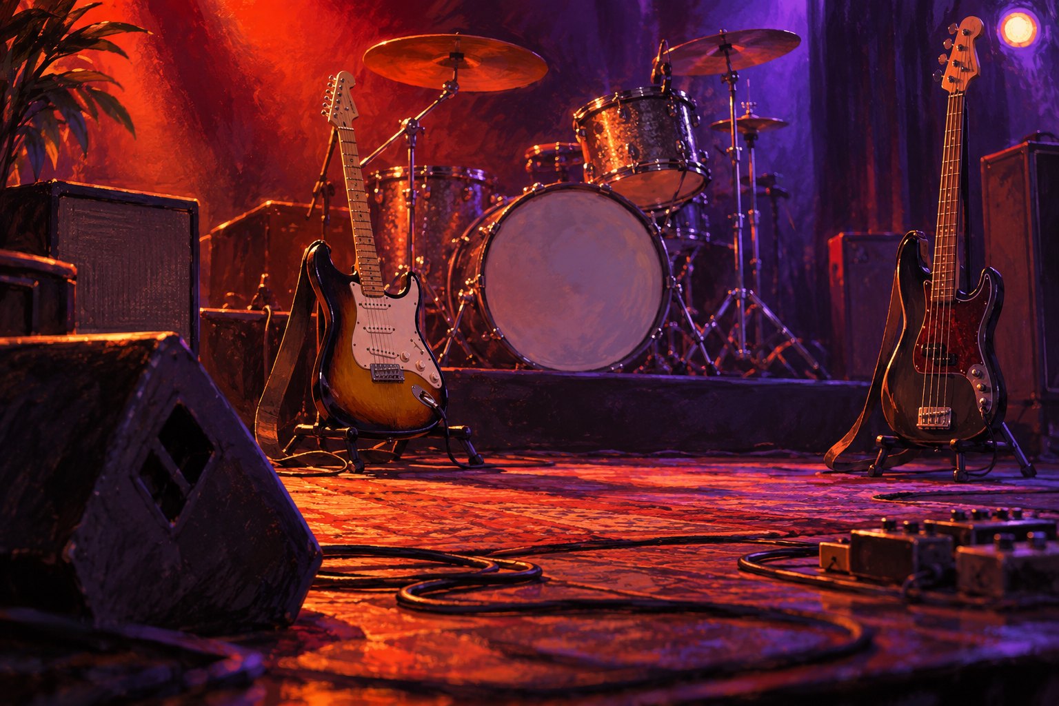 Painterly illustration of a drum kit, electric guitar, and bass on an empty performance stage under red and violet lights.