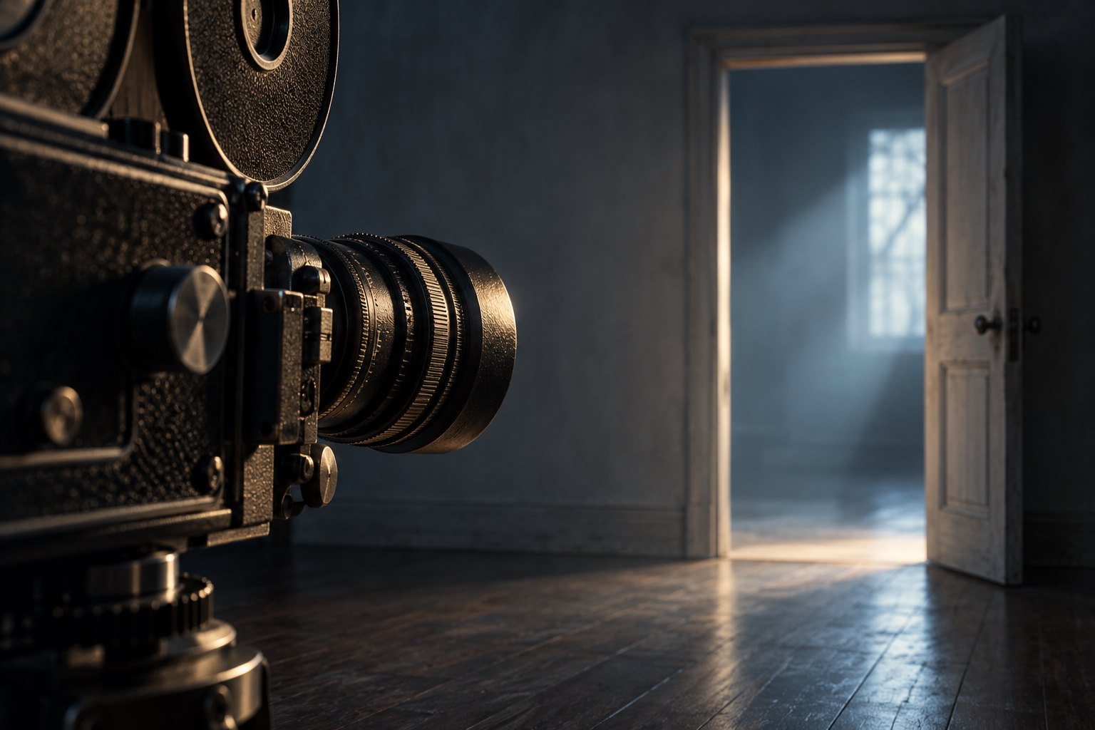 A vintage movie camera faces a partially open doorway filled with cool light in an empty room.