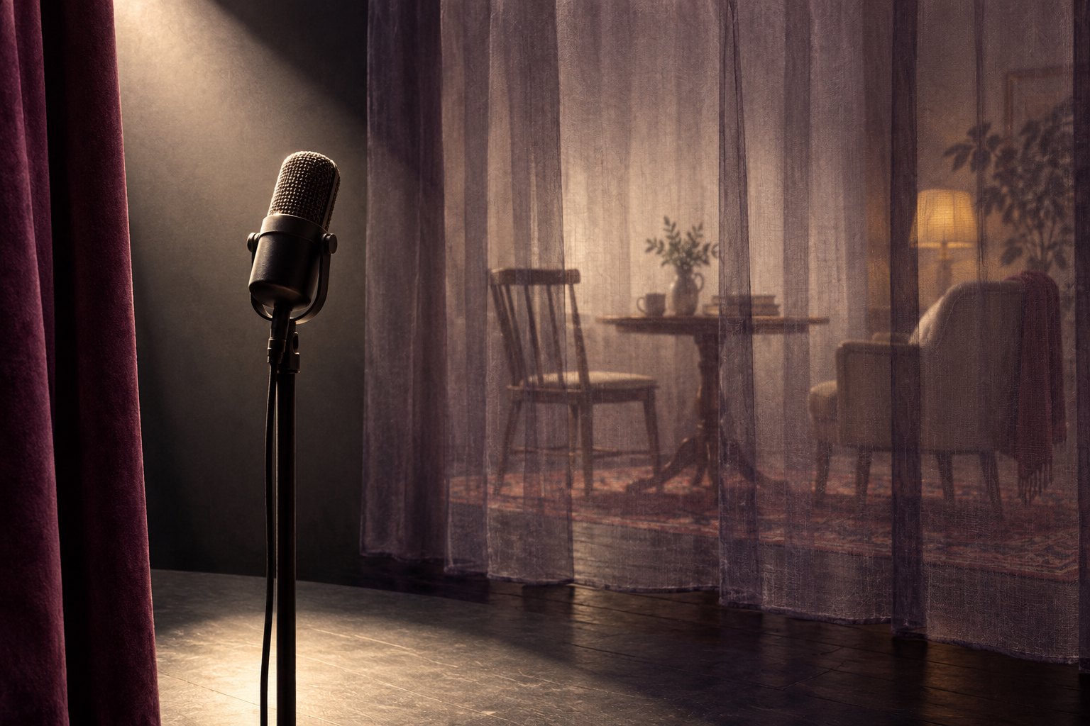 Conceptual illustration of a studio microphone in front of a translucent curtain concealing two empty chairs and a table.