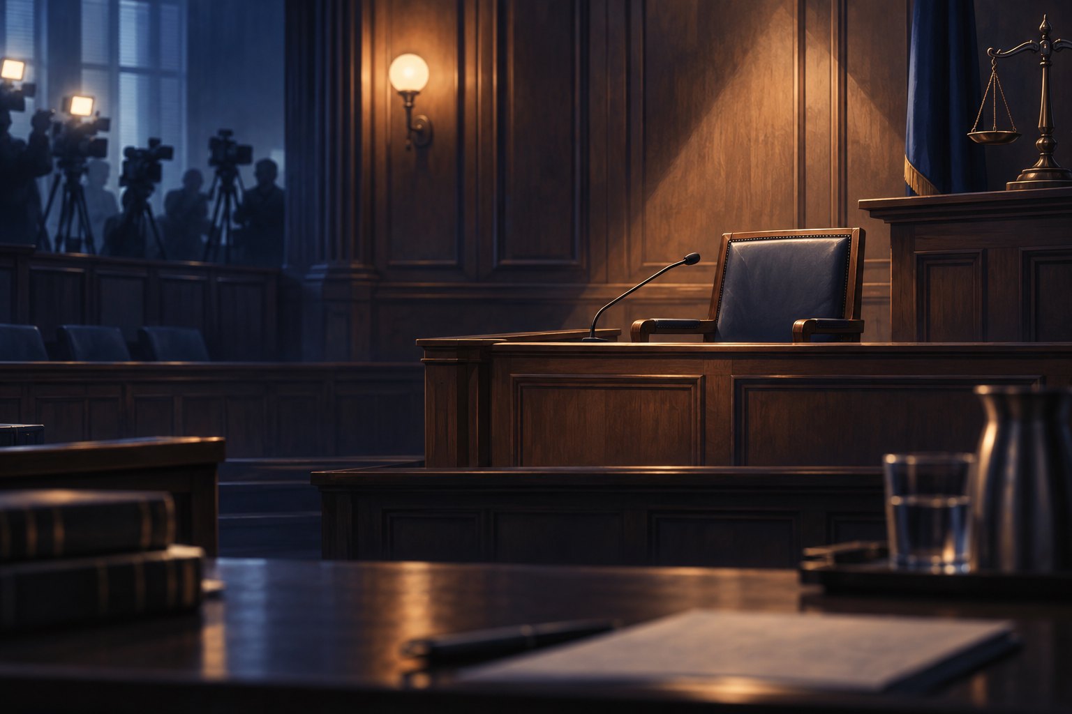 Conceptual illustration of an empty courtroom witness chair under a spotlight, with press cameras at the edges.
