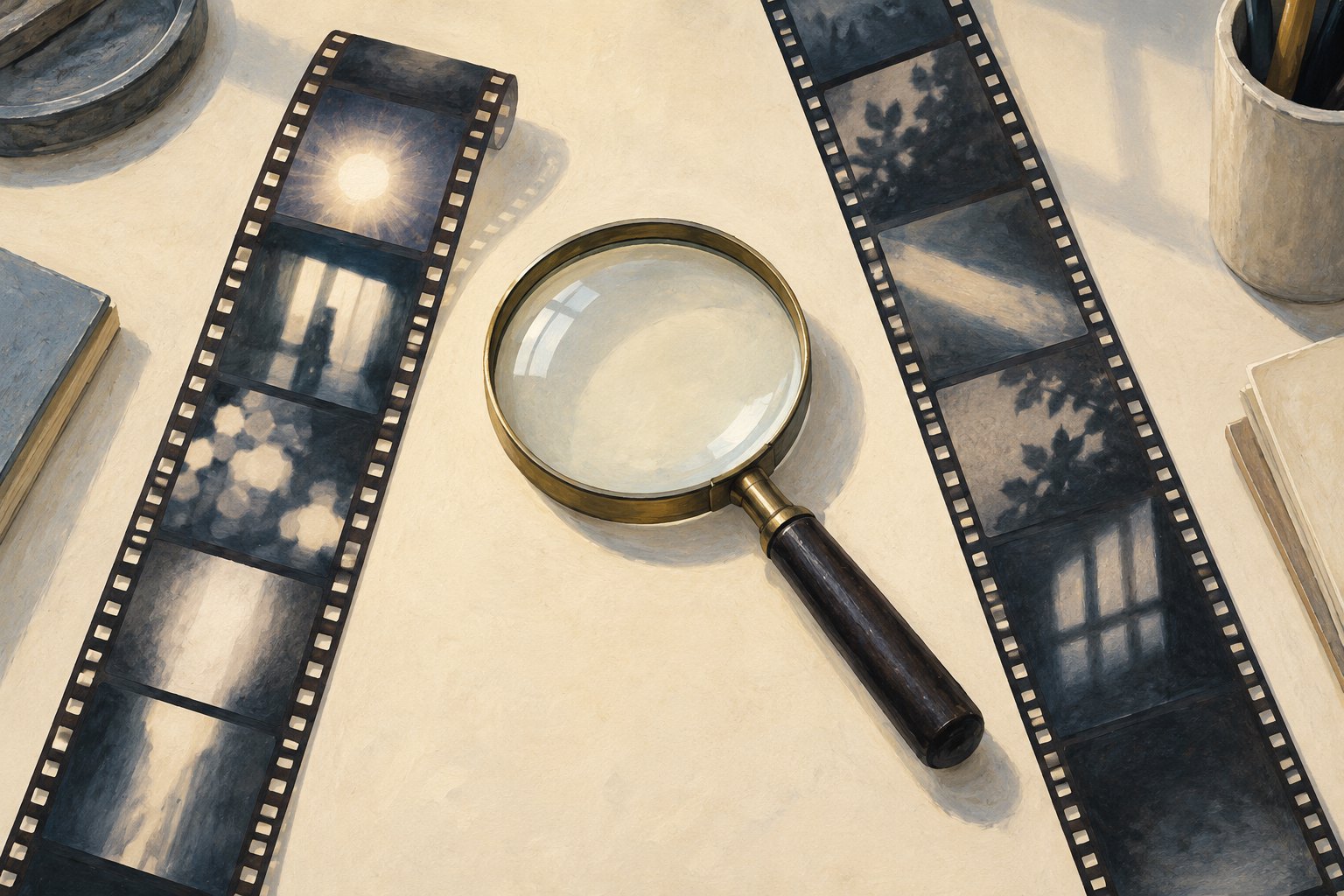 Editorial illustration of a magnifying glass between two film strips showing light, shadows, and indistinct scenery.