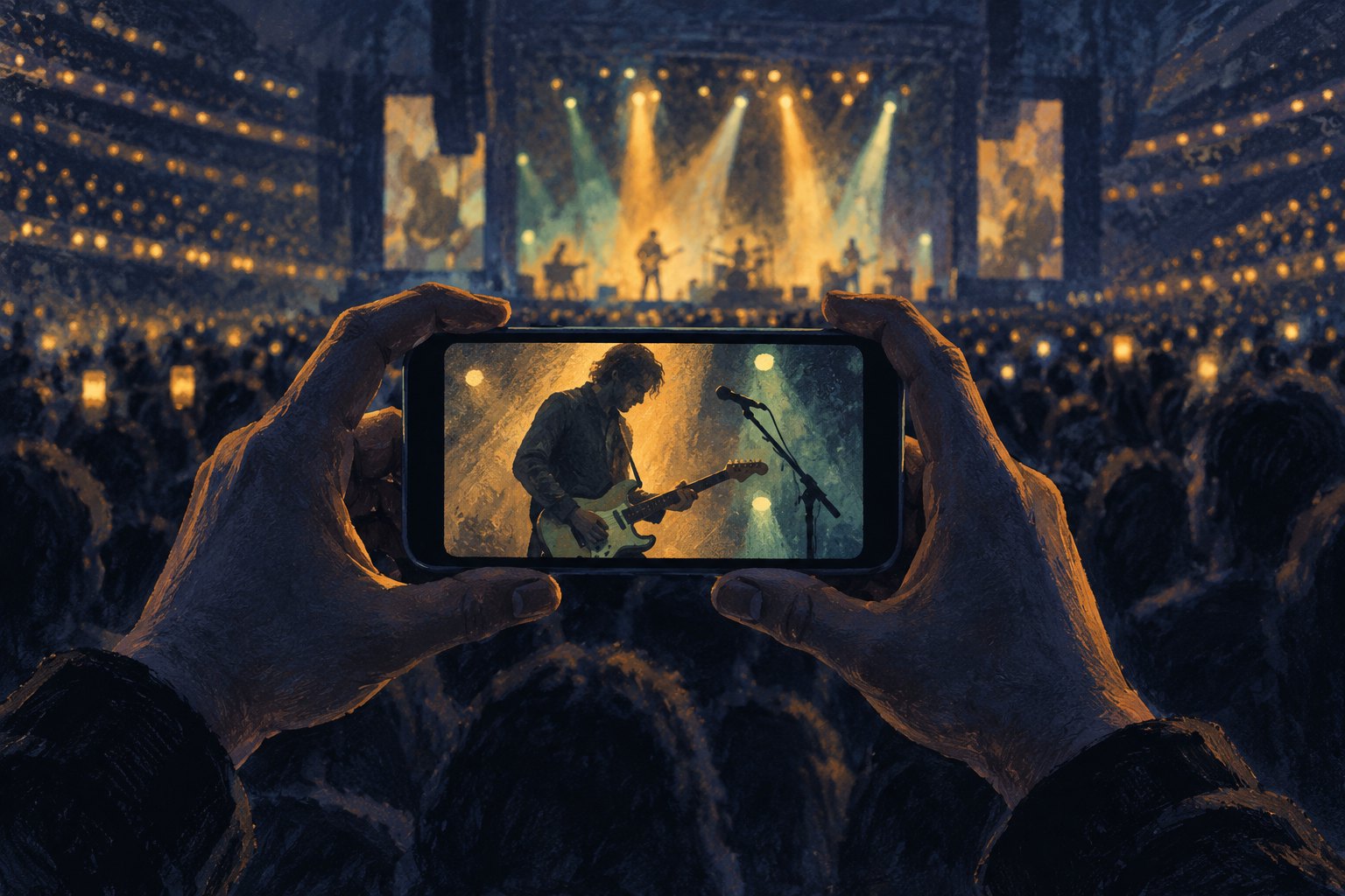 Conceptual illustration of hands holding a phone that frames a guitarist against a wider concert stage.