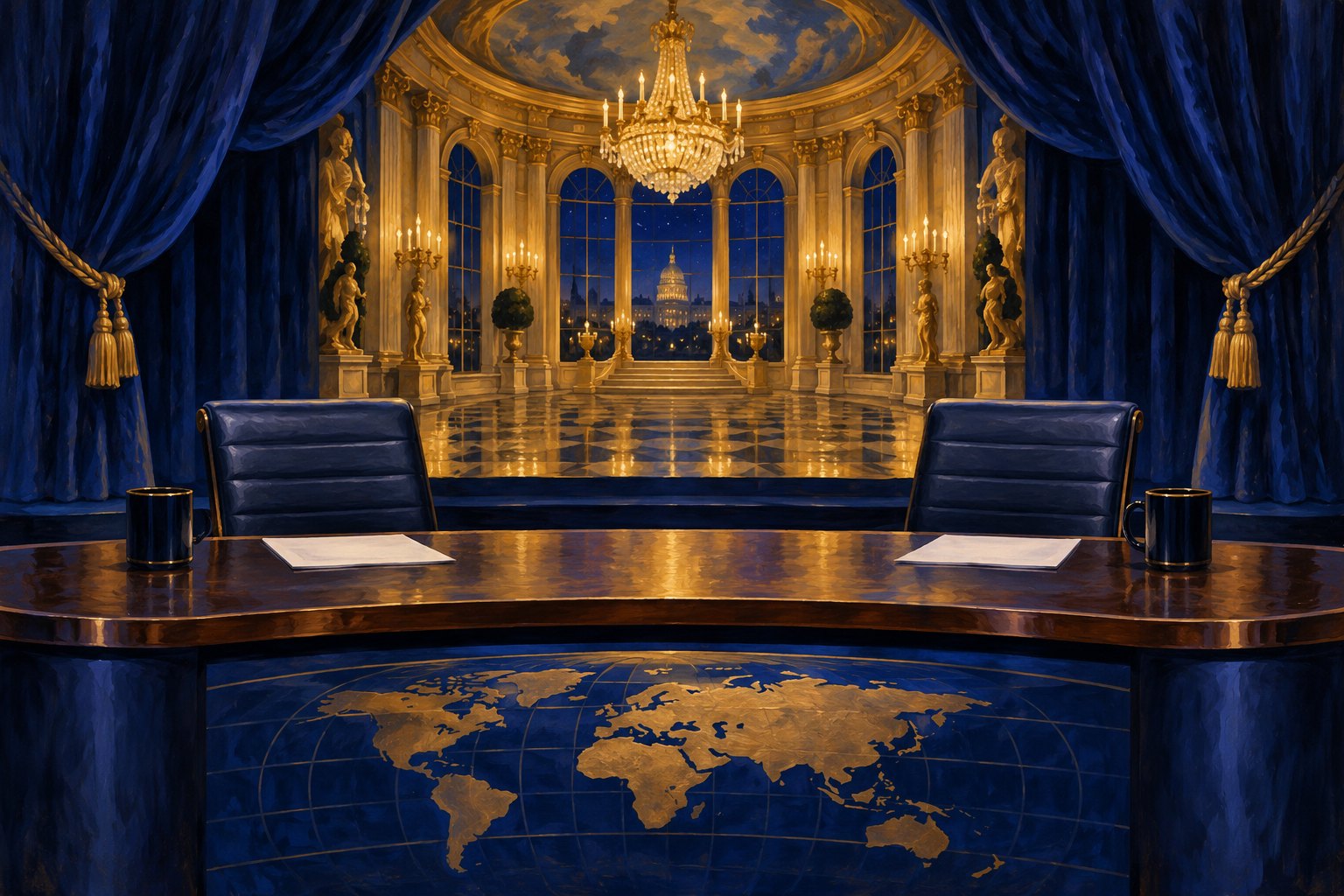 Conceptual illustration of an empty television comedy desk facing a golden ballroom framed by blue curtains.