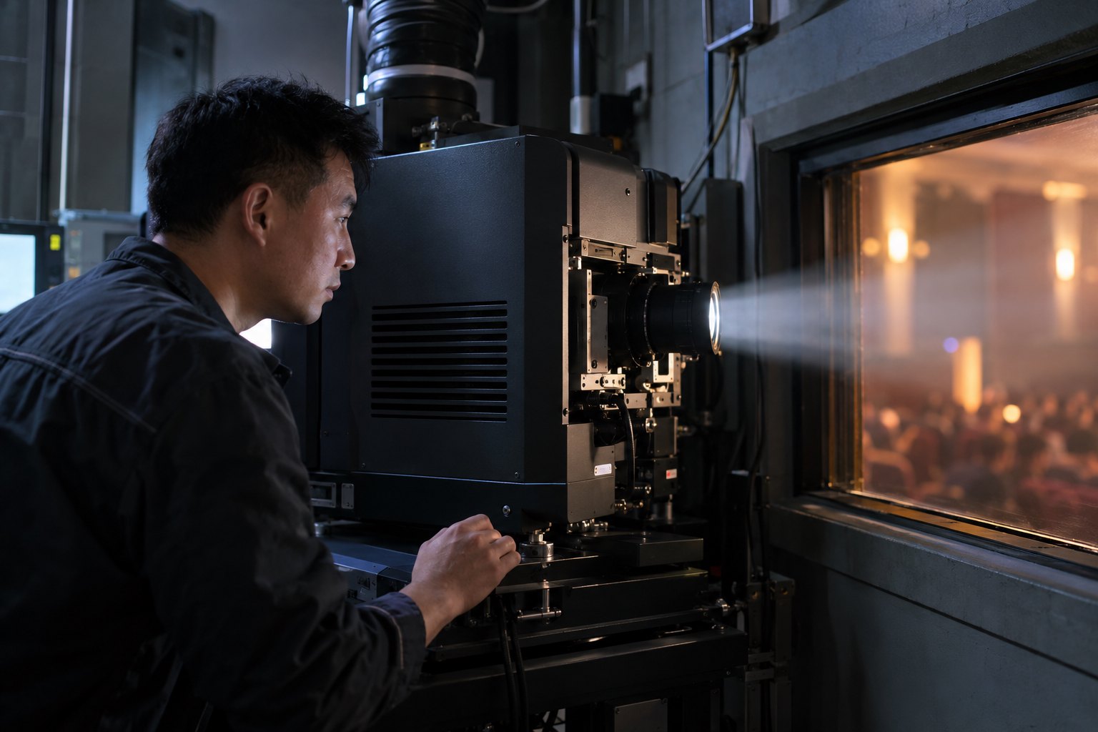 放映维护示意：工作人员在机房查看放映设备，光束穿过窗口投向影厅