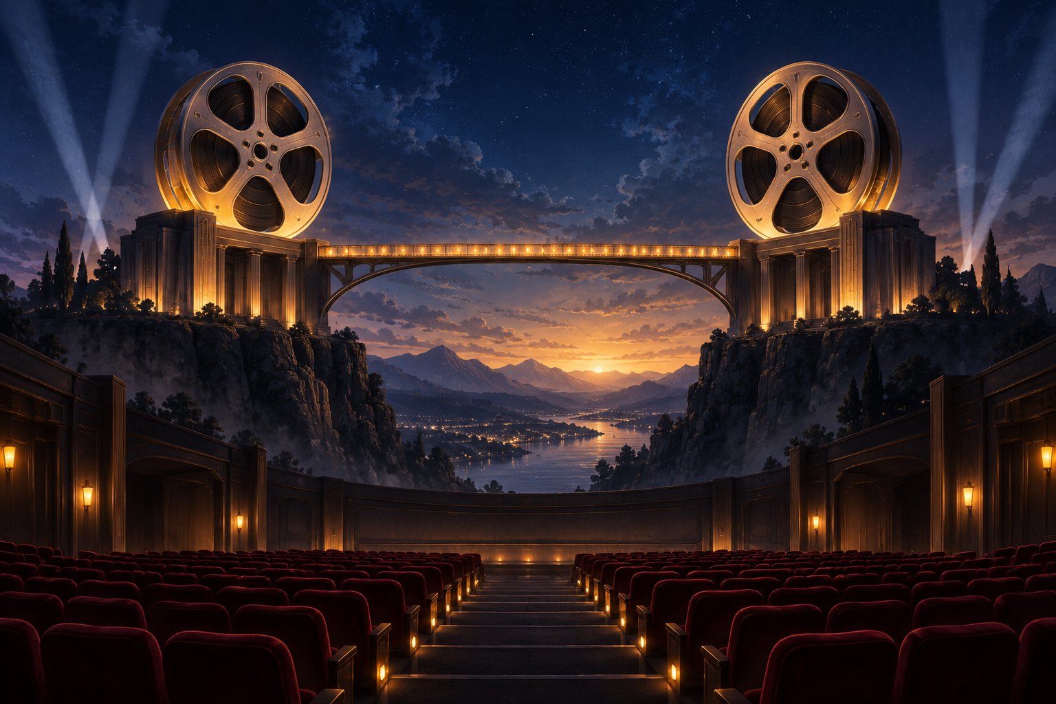 Conceptual illustration of two giant film reels connected by an illuminated bridge above an empty movie theater.