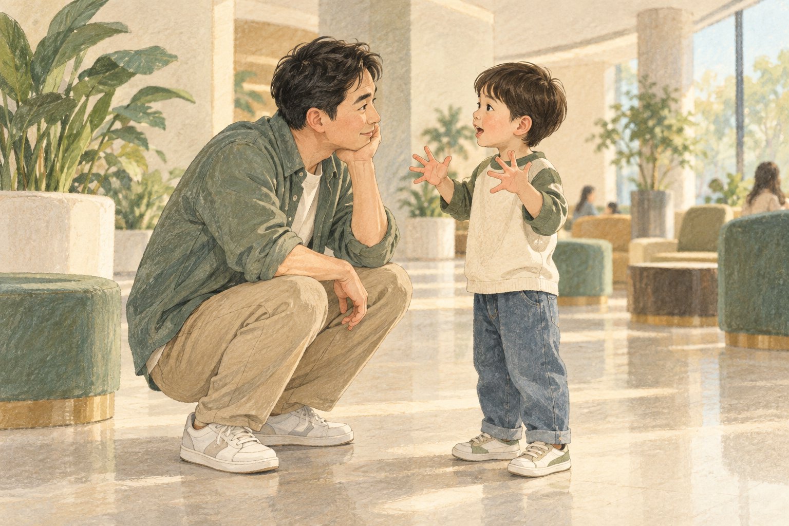 散场交流主题插画:父亲在明亮的影院大厅蹲下,认真倾听孩子兴奋地比划讲述