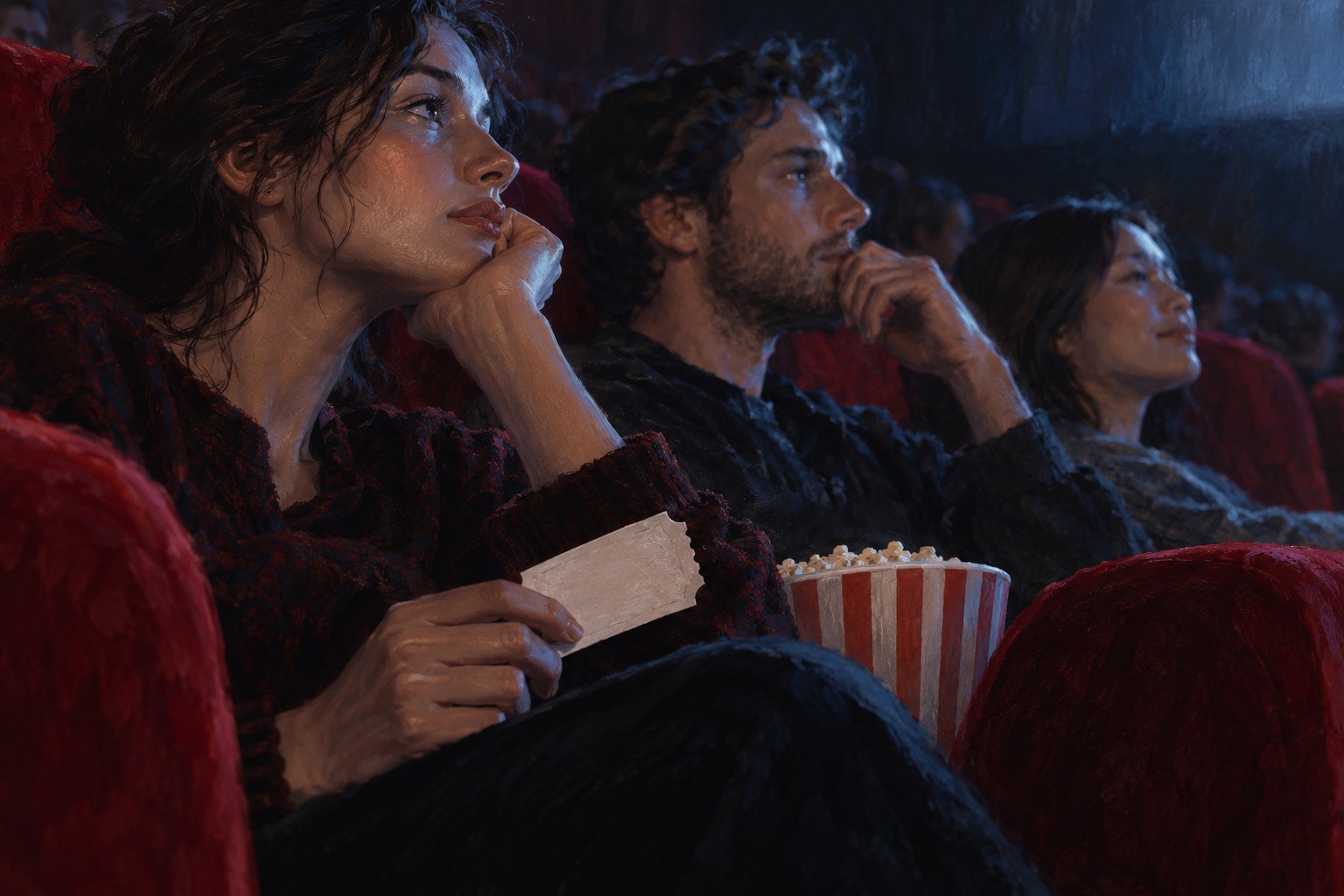 Three thoughtful moviegoers sit in red theater seats under blue screen light, with a blank ticket held in the foreground.