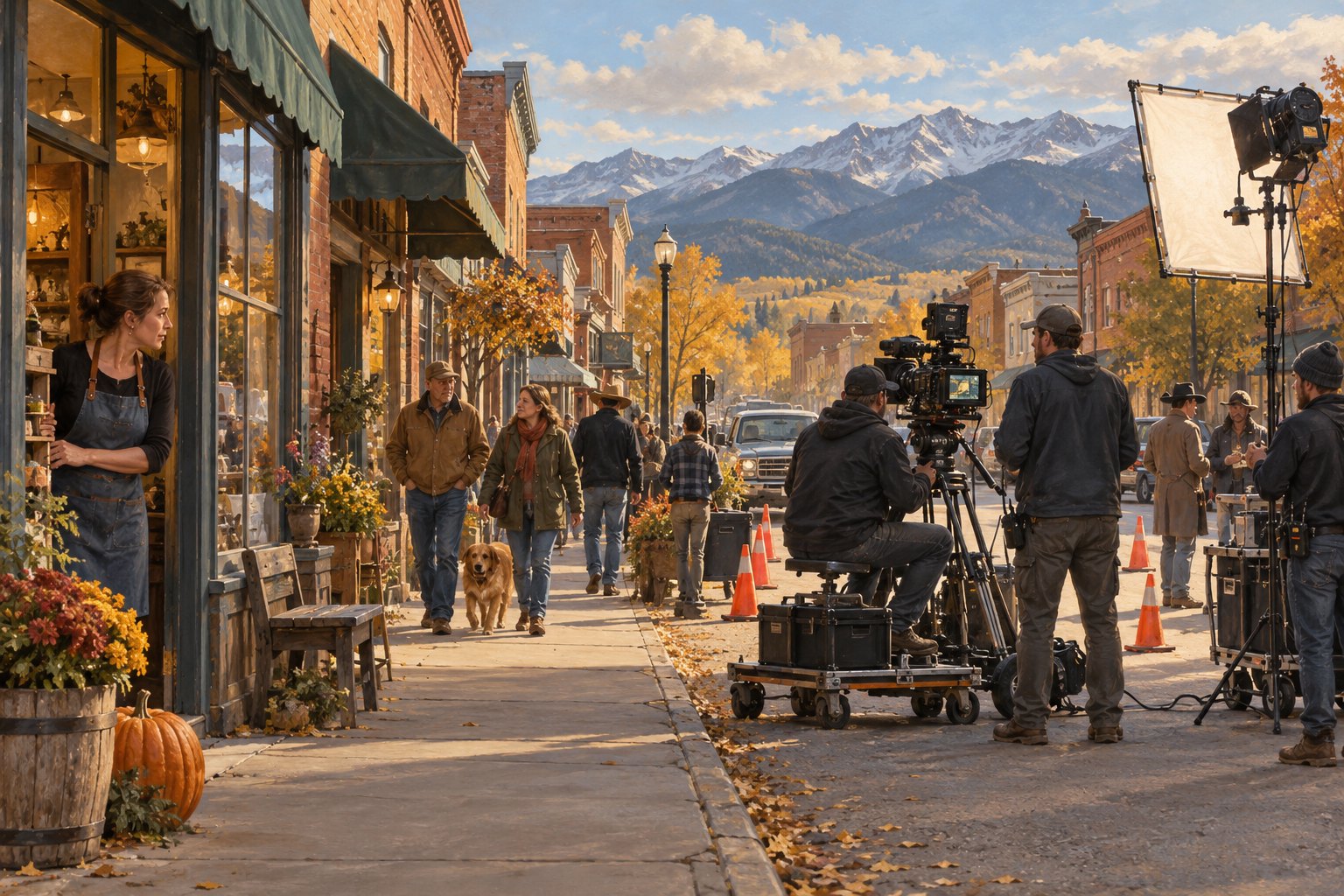 Conceptual illustration of film equipment, pedestrians, and storefronts on an imagined Montana town street.