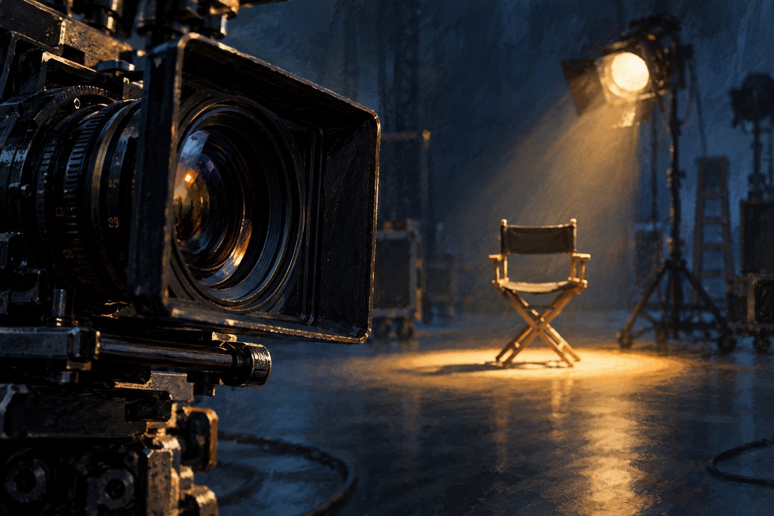 Conceptual filmmaking illustration of a cinema camera facing an empty chair beneath a warm spotlight on a dark soundstage.