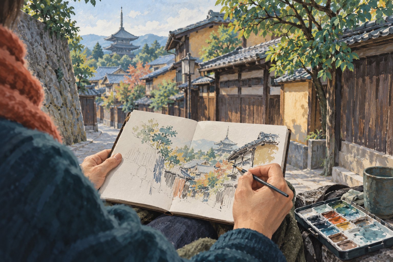 創作者以速寫本描繪京都風格街巷的概念插畫,非實際行程紀錄