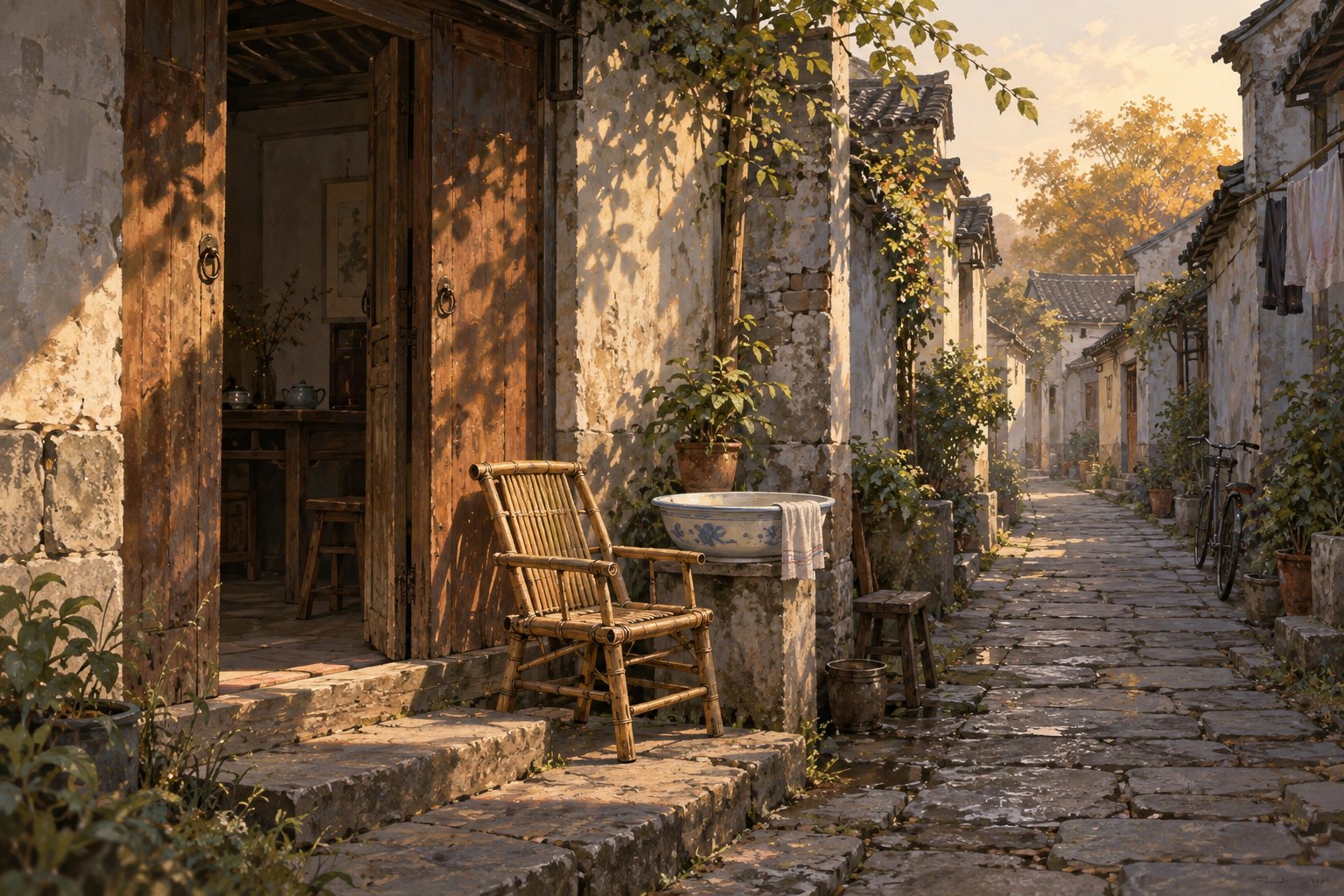 生活主题插画:夕阳照进老巷,敞开的木门旁摆着竹椅与洗脸盆,非影片场景