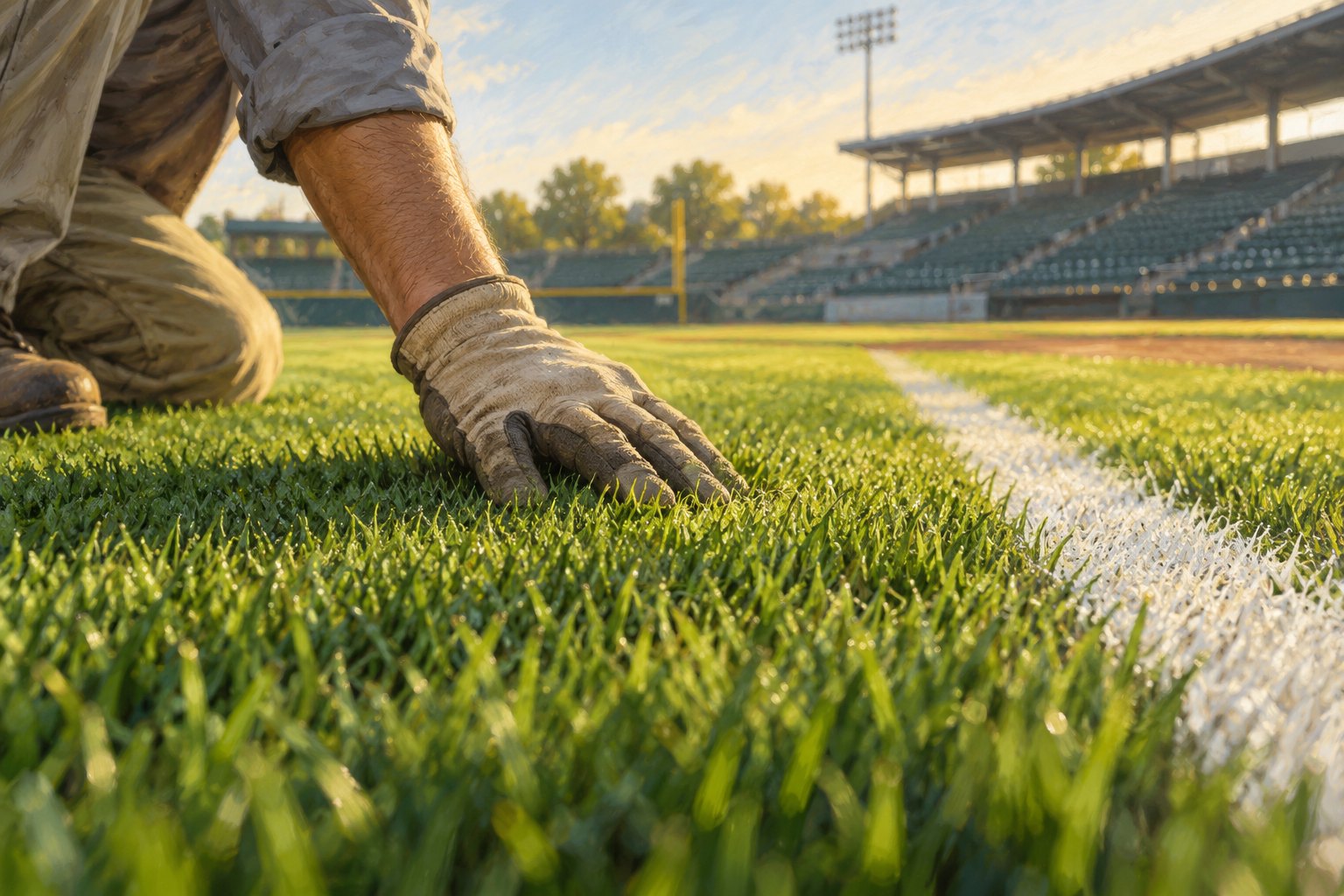 Conceptual illustration of a groundskeeper inspecting natural grass beside a baseball field's white foul line.
