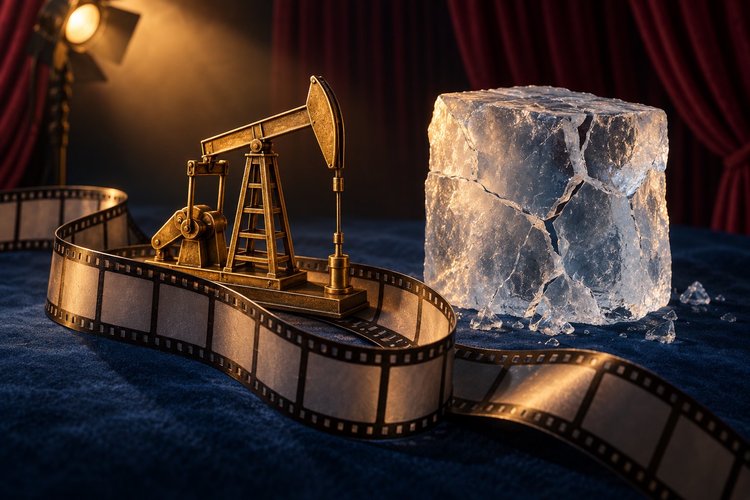 Conceptual illustration of a brass oil pump, curling filmstrip, and cracked ice under a theatrical spotlight.