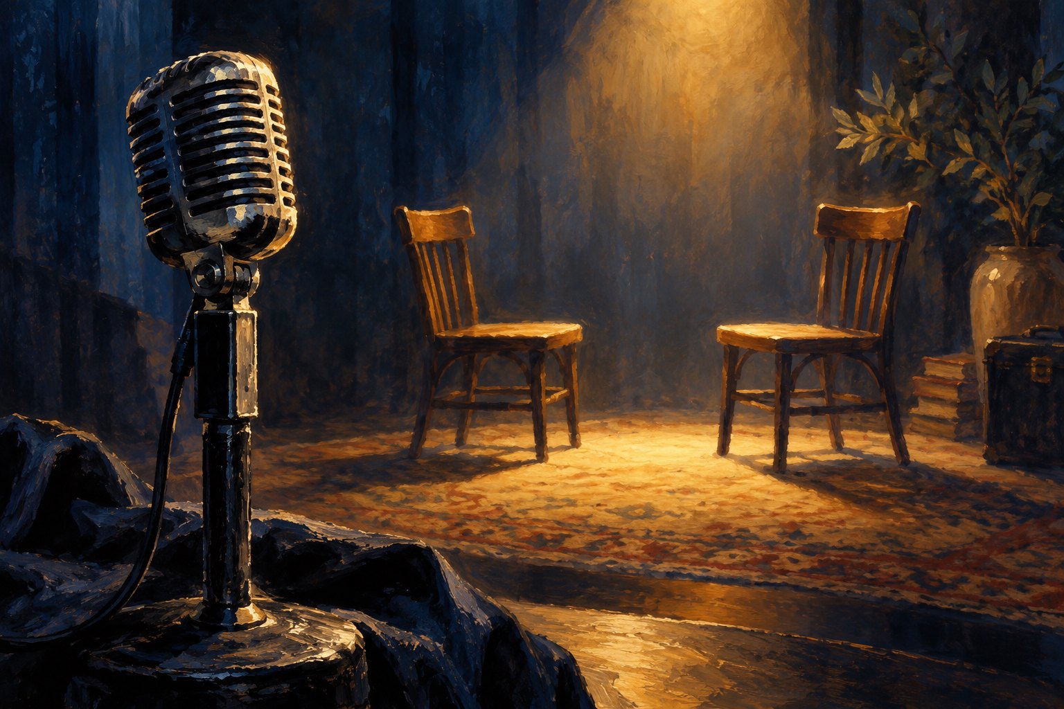 Painterly illustration of a vintage microphone beside two empty wooden chairs illuminated by warm light.