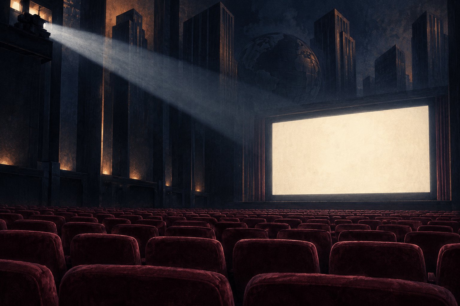 Conceptual illustration of empty burgundy cinema seats beneath a projection beam and a glowing blank screen.