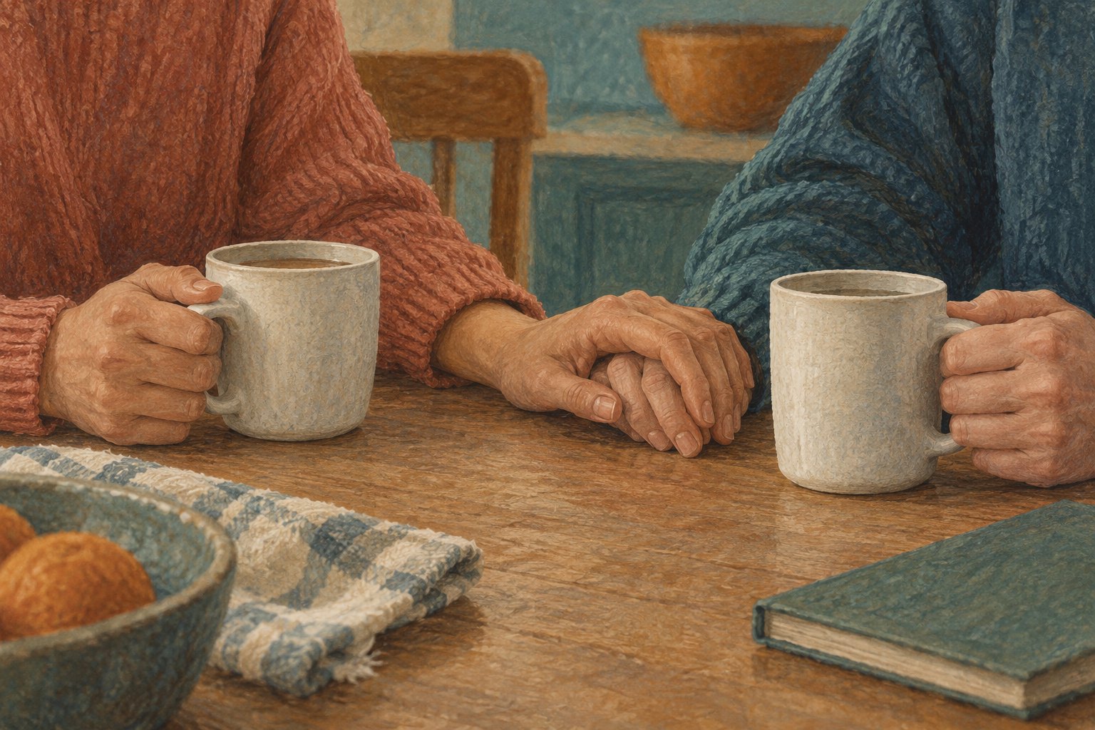 Illustration of two adults holding hands across a kitchen table beside plain ceramic mugs.