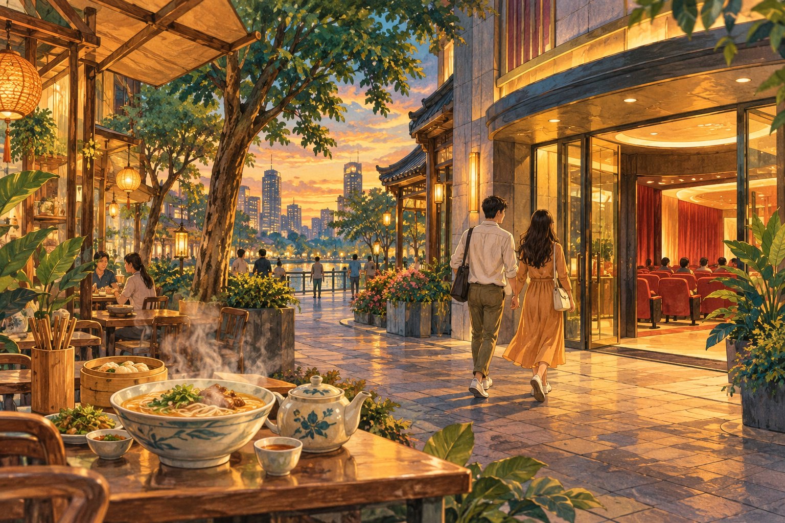 观影与美食主题插画:傍晚街道上,两位游人走向影院,前景餐桌摆着米粉与茶