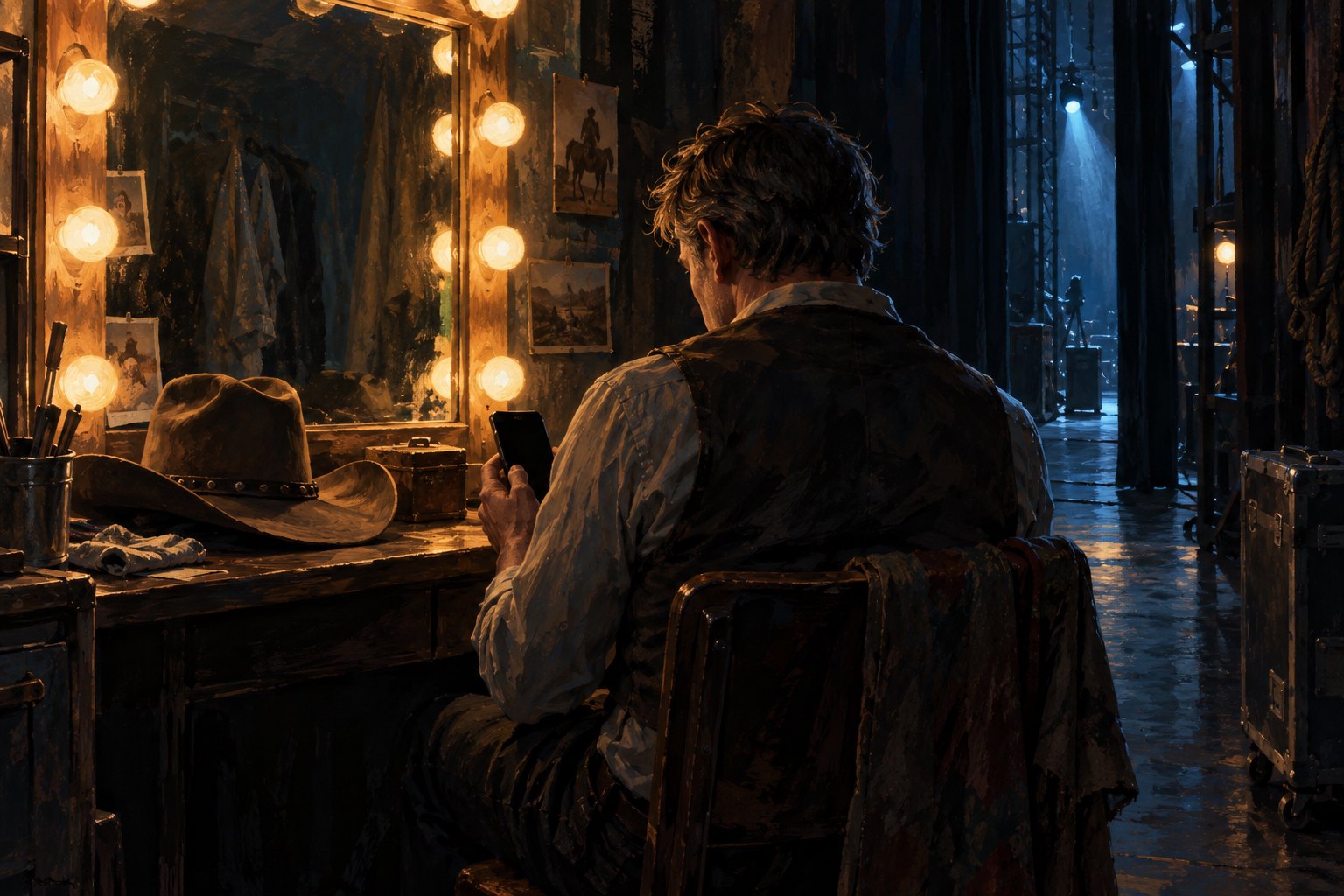 Conceptual illustration of an anonymous actor holding a phone at a backstage dressing table beside a cowboy hat.