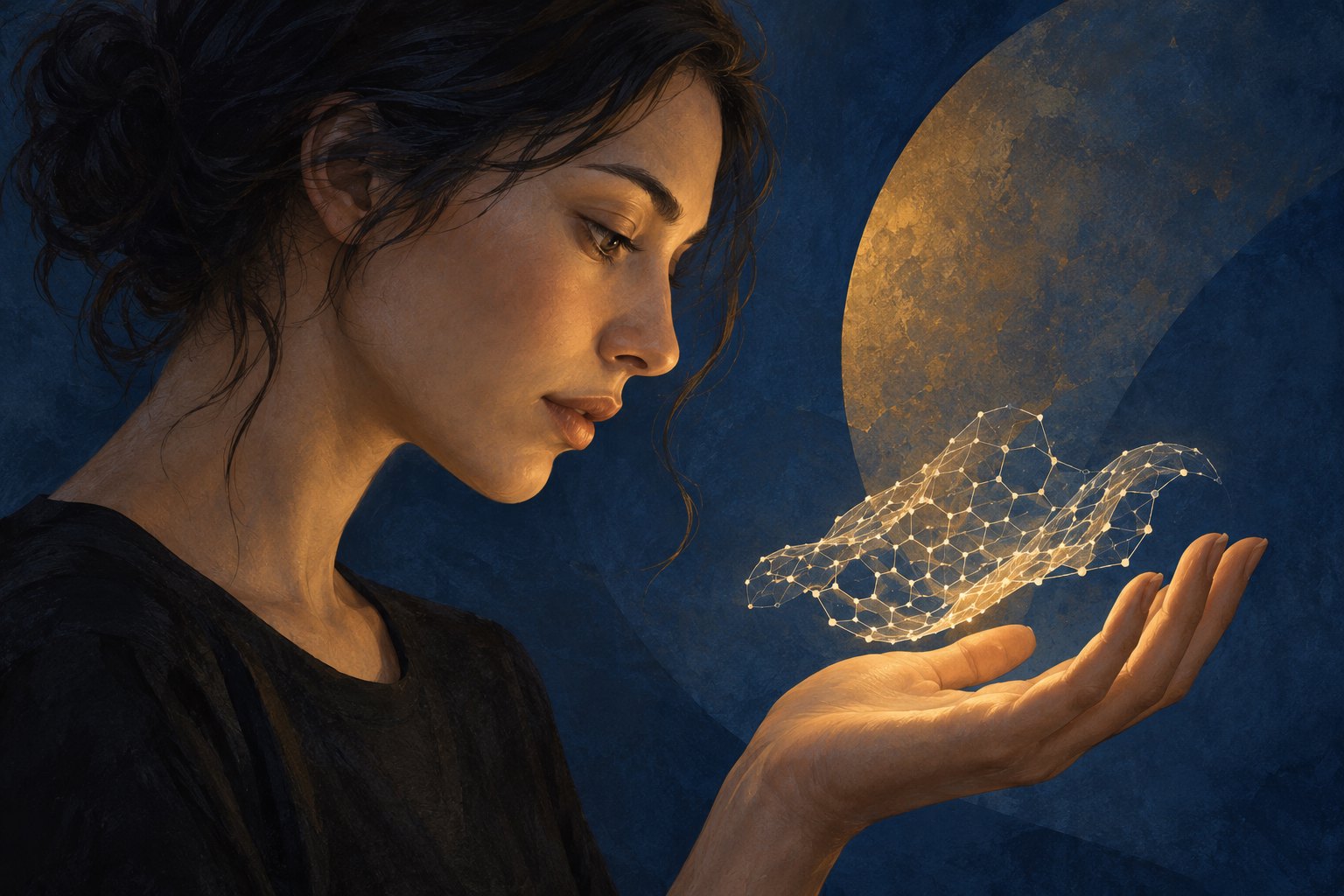 Conceptual illustration of a woman studying a glowing geometric lattice above her open hand.