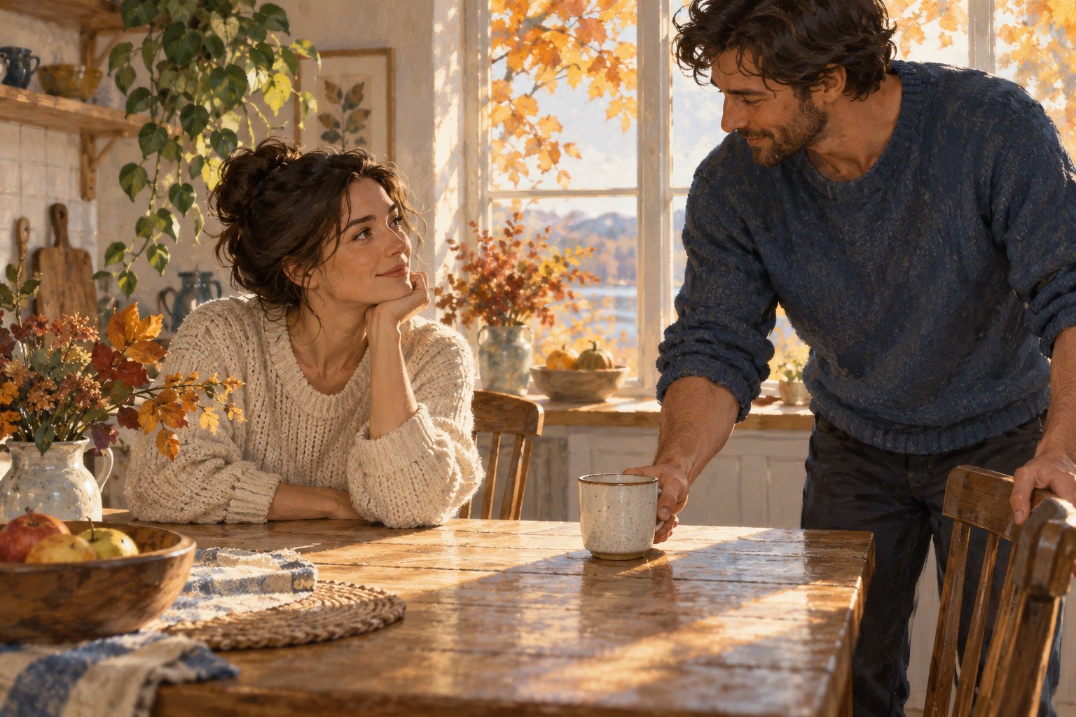 A man sets a ceramic mug on a sunlit kitchen table while a seated woman looks up at him, with autumn leaves outside.