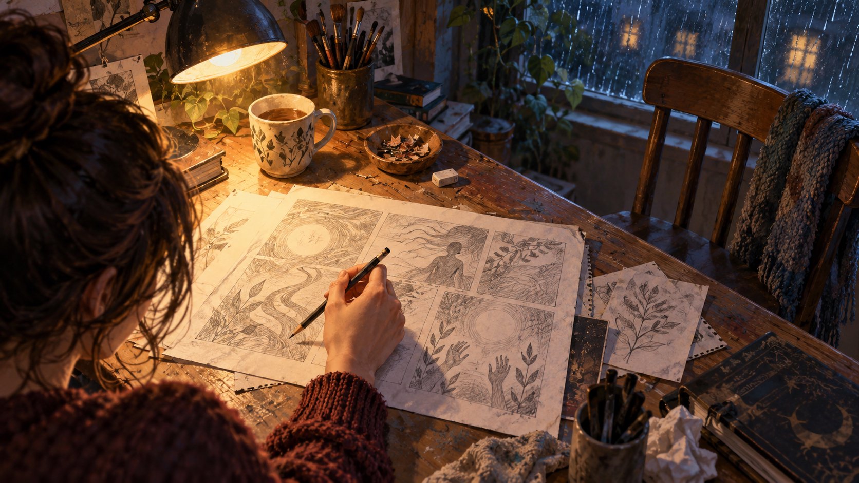 雨夜檯燈下,創作者握筆停在畫稿上,身旁留著一張空椅的原創情境插畫,非電影劇照
