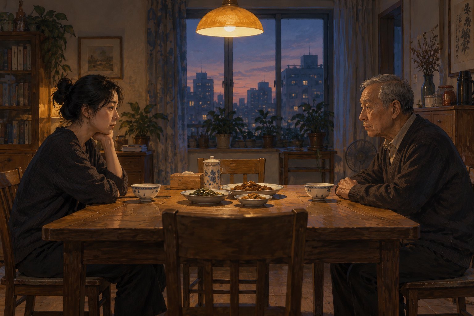 概念插画：成年女儿与年迈父亲隔着餐桌安静相对，呈现尚待沟通的家庭关系，非电影剧照