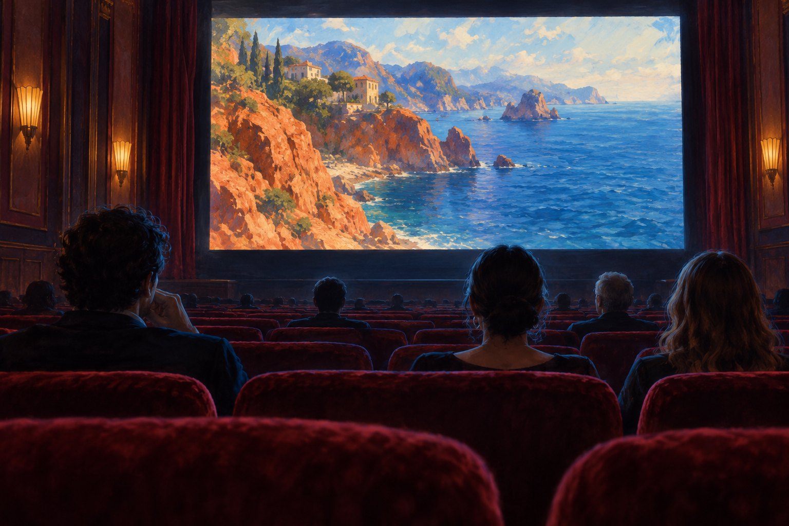 Conceptual illustration of moviegoers in a burgundy-seated theater watching a sunlit red-rock coastline on screen.