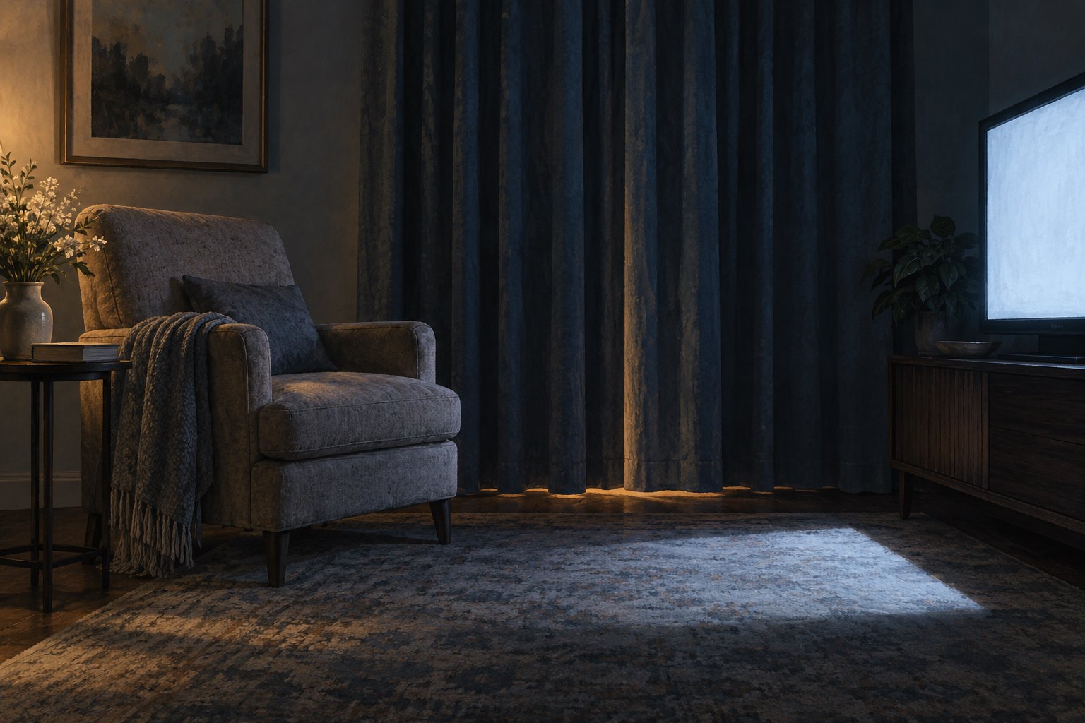 Symbolic illustration of an empty armchair beside closed curtains, with television light falling across a dark room.