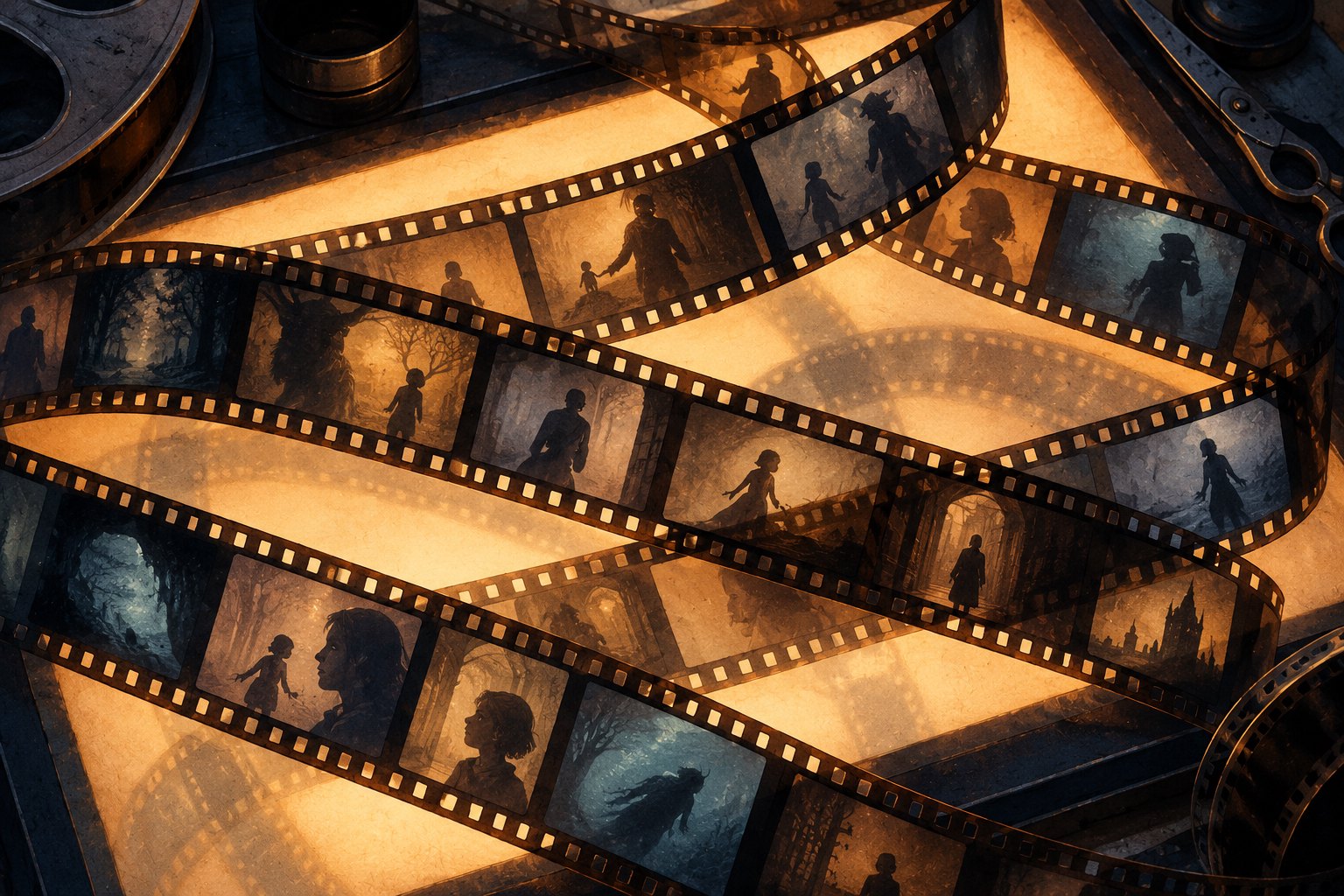 Conceptual illustration of overlapping film strips containing human silhouettes on an amber-lit editing table.
