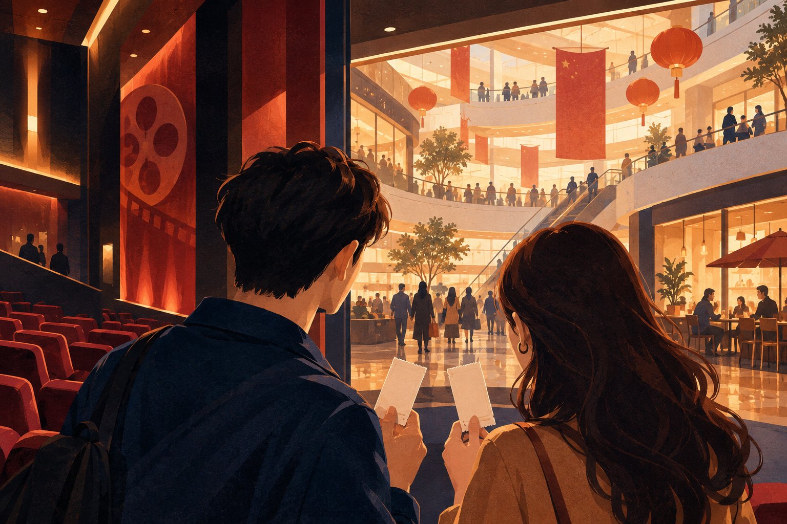 原创插画:两位观众手持电影票,站在影院与商场餐饮空间之间