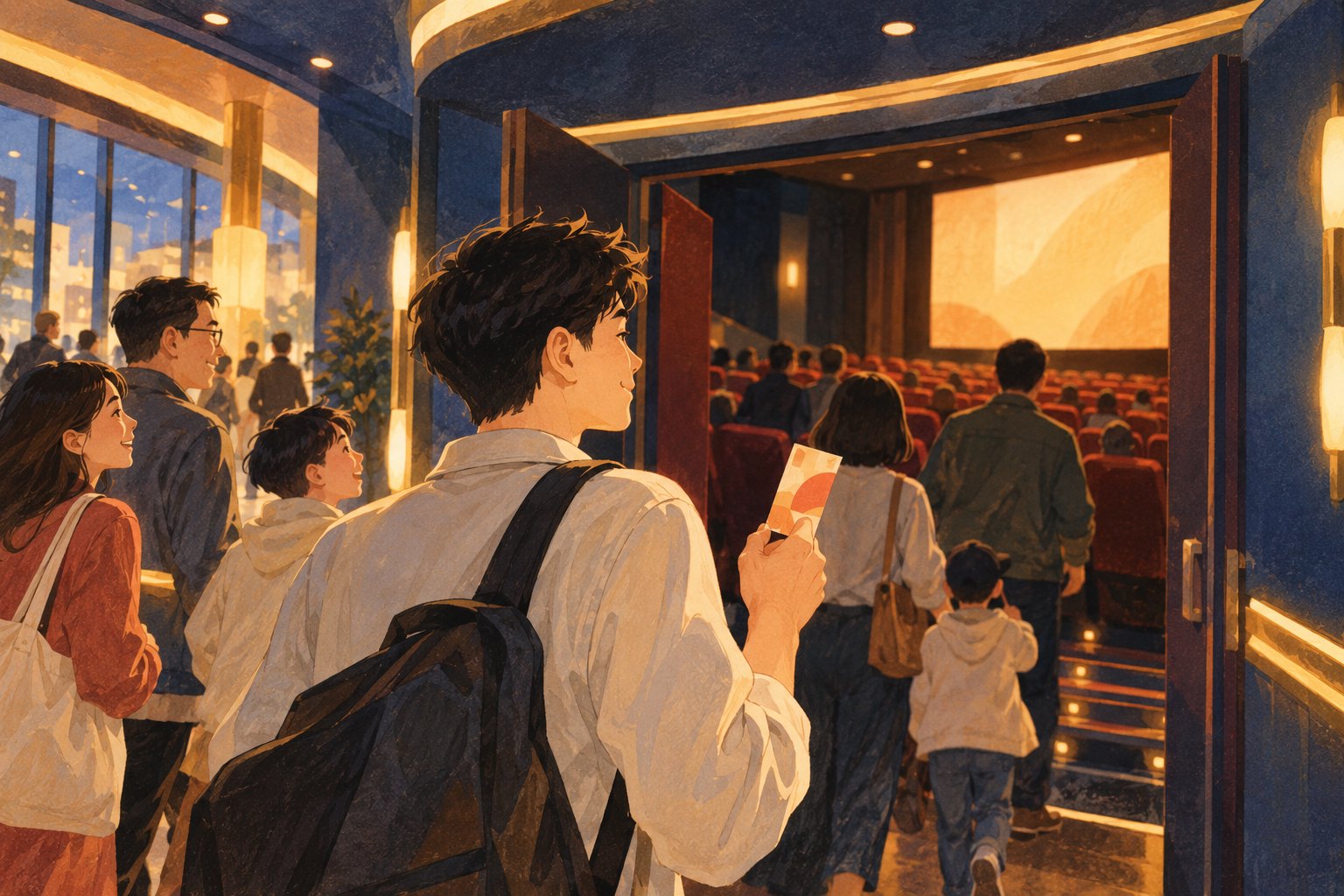 暖色影院中,手持票券的青年与其他观众走向影厅的插画
